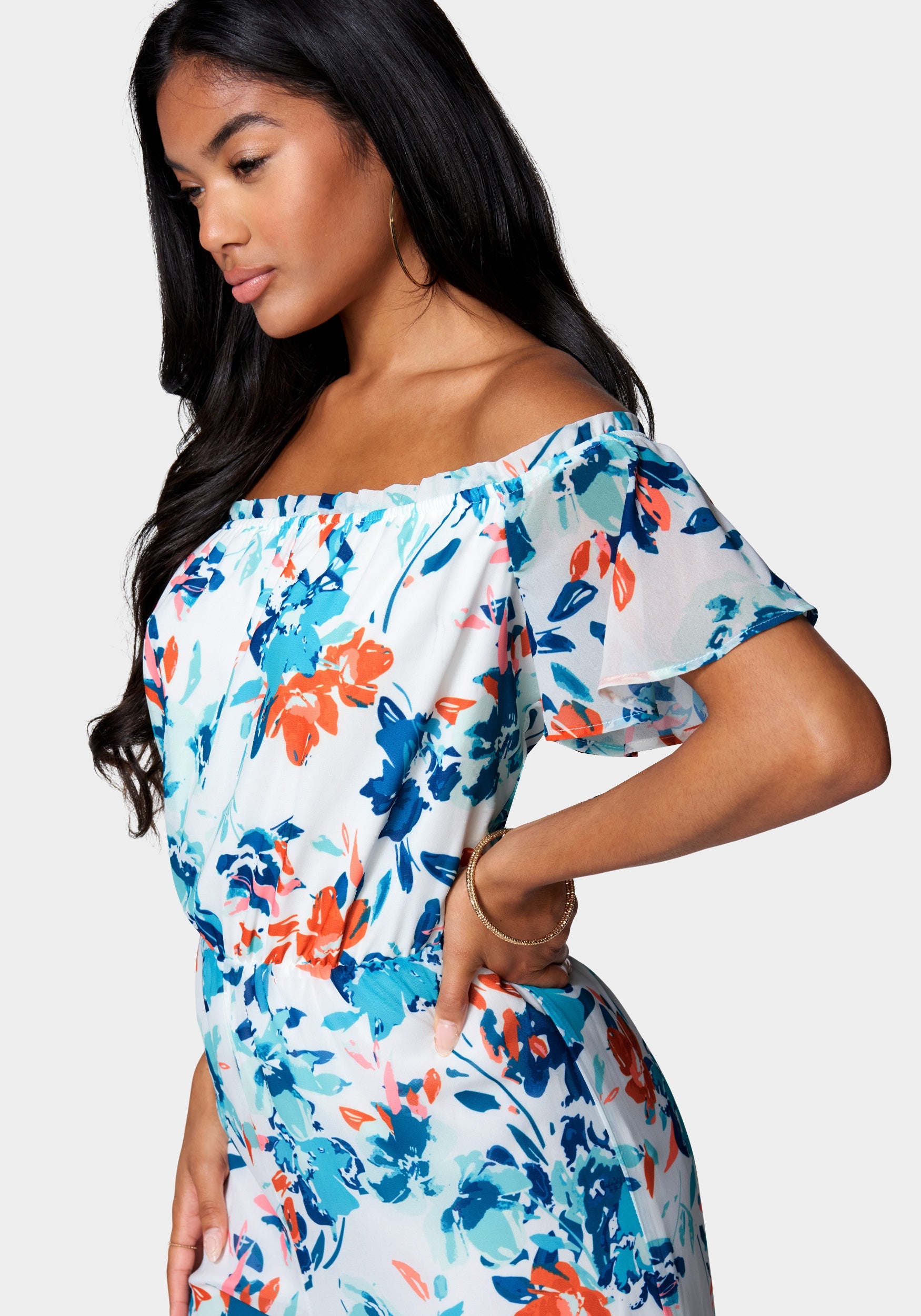 Printed Off Shoulder Slit Leg Jumpsuit