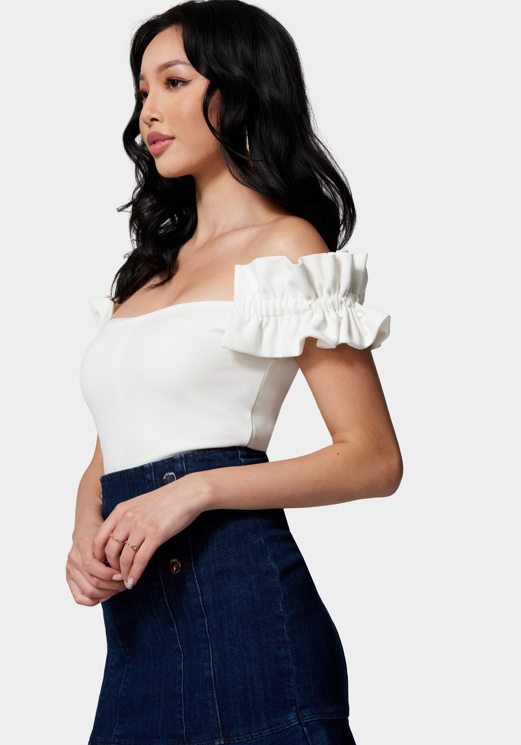 Knit Crepe Off Shoulder Ruffle Top