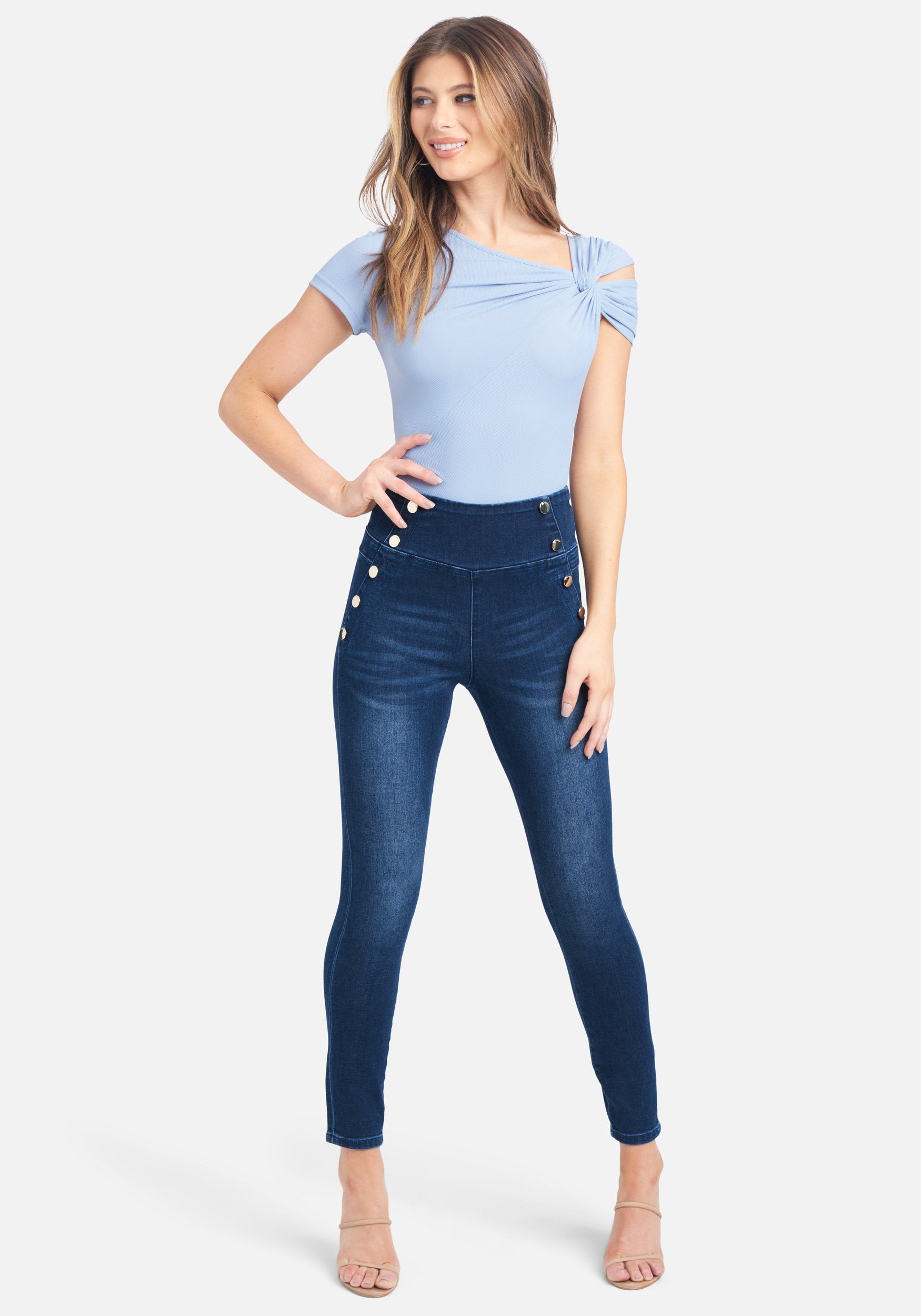 High Waisted Button Detail Skinny Jeans
