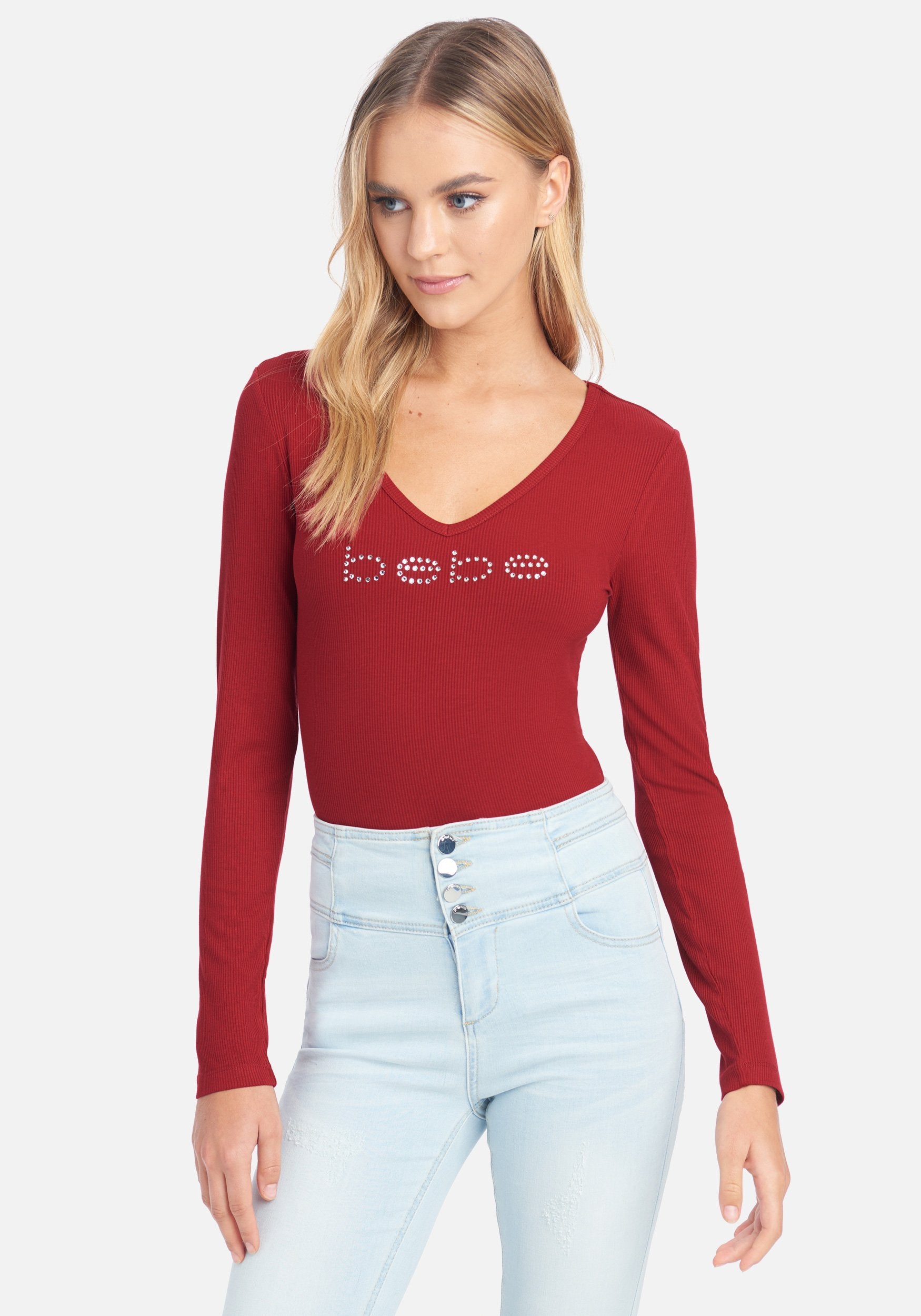 Crystal Logo V-Neck Long Sleeve Tee