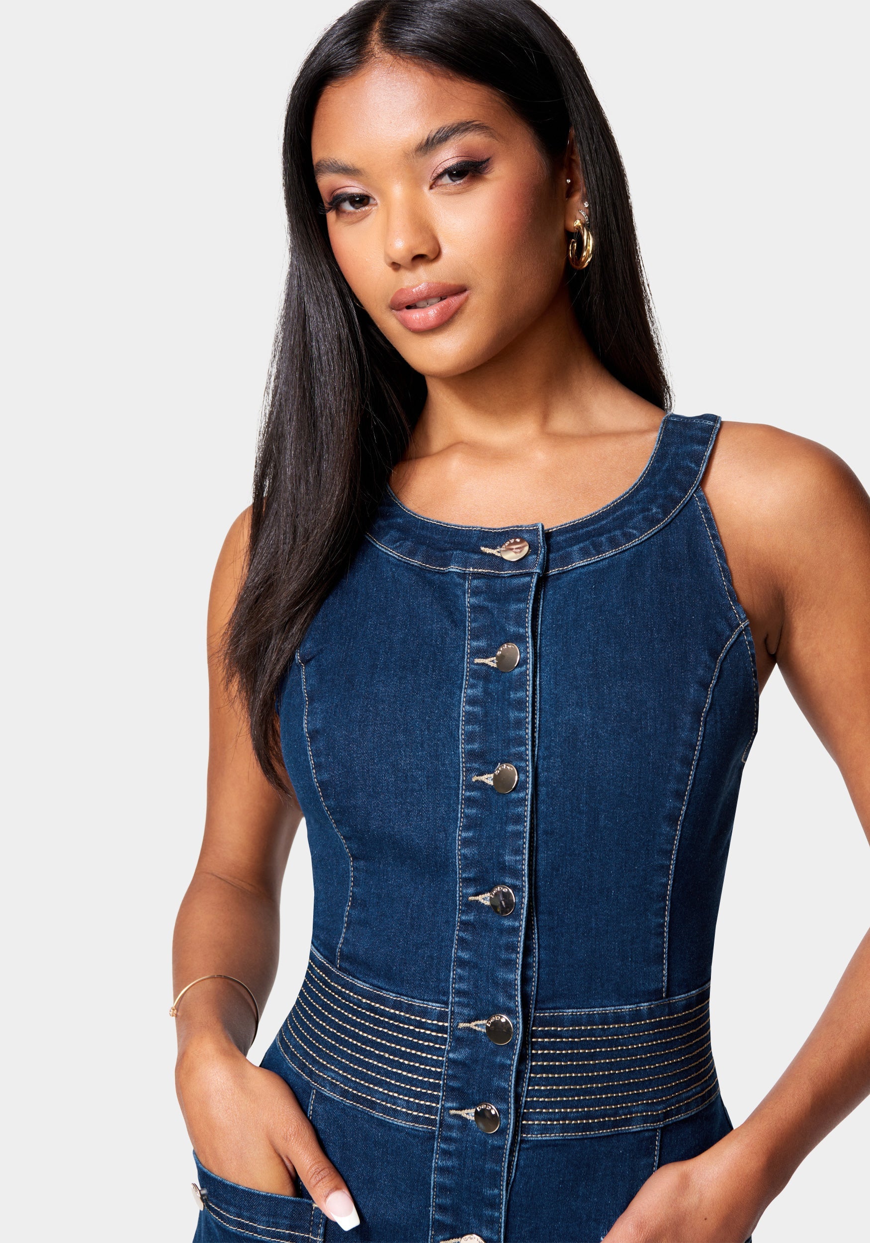 Button Front Jewel Neck Denim Dress