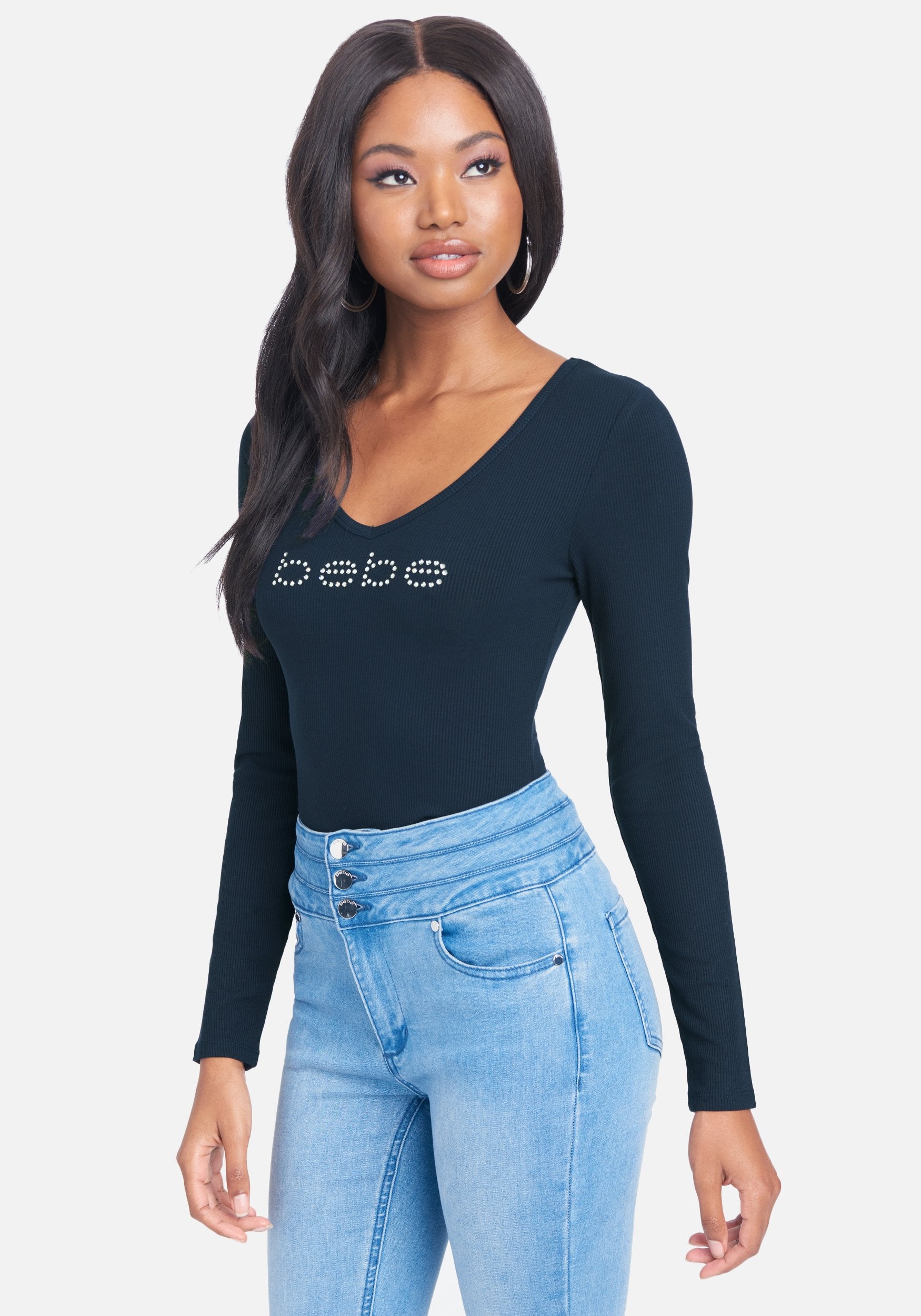 Crystal Logo V-Neck Long Sleeve Tee