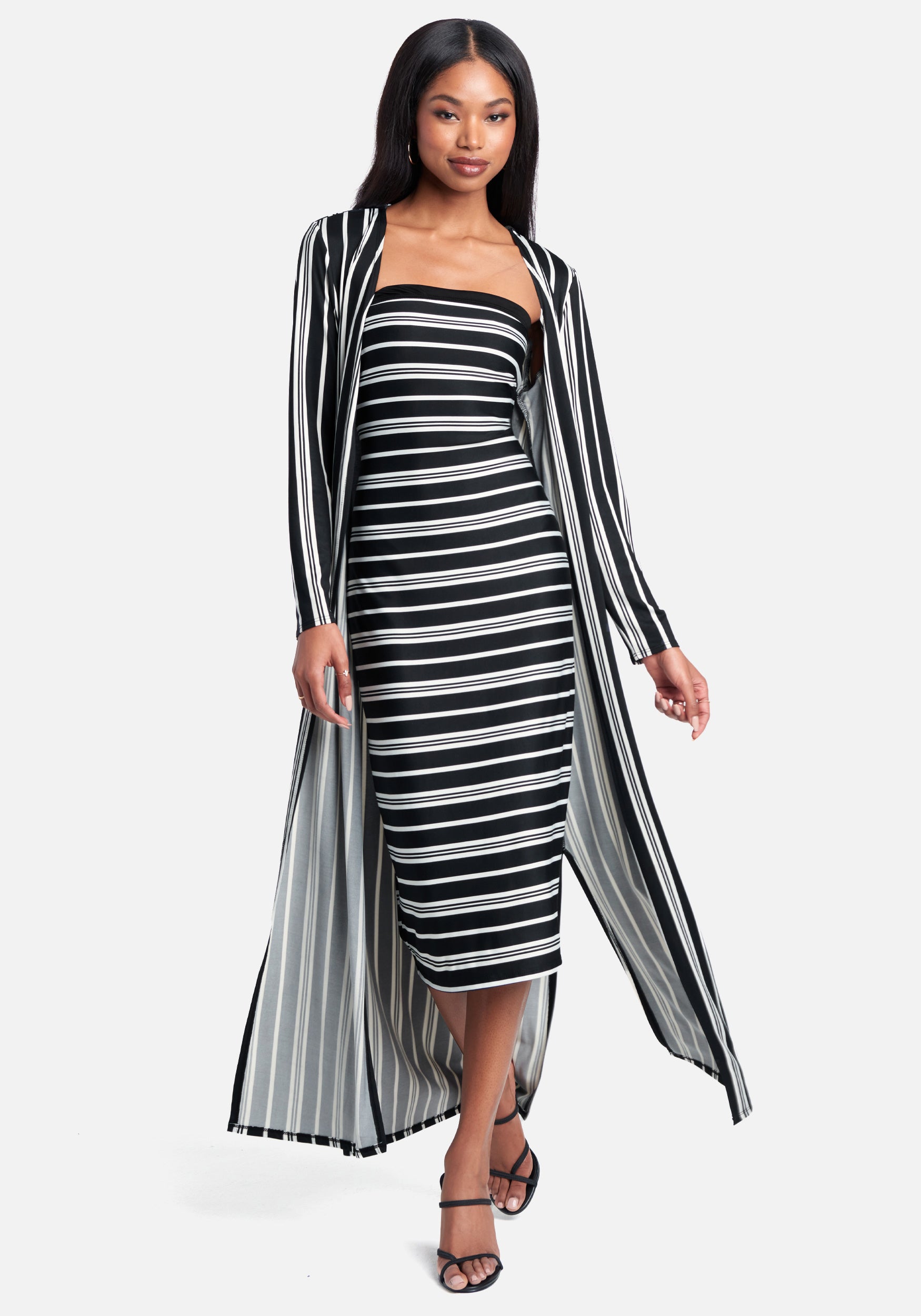 Striped 2-Piece Cardi And Midi Dress