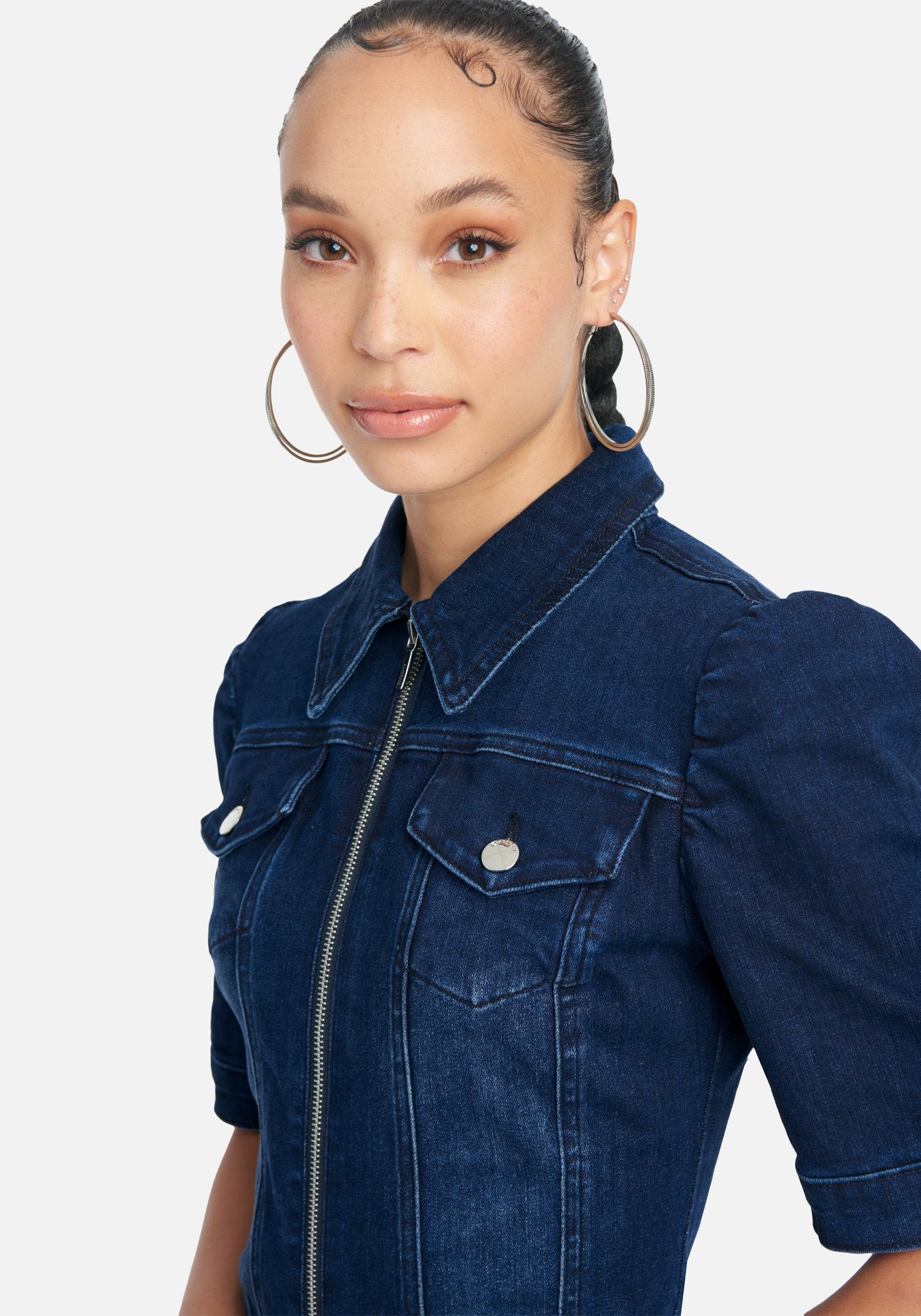 3/4 Sleeve Jean Zip Up Dress