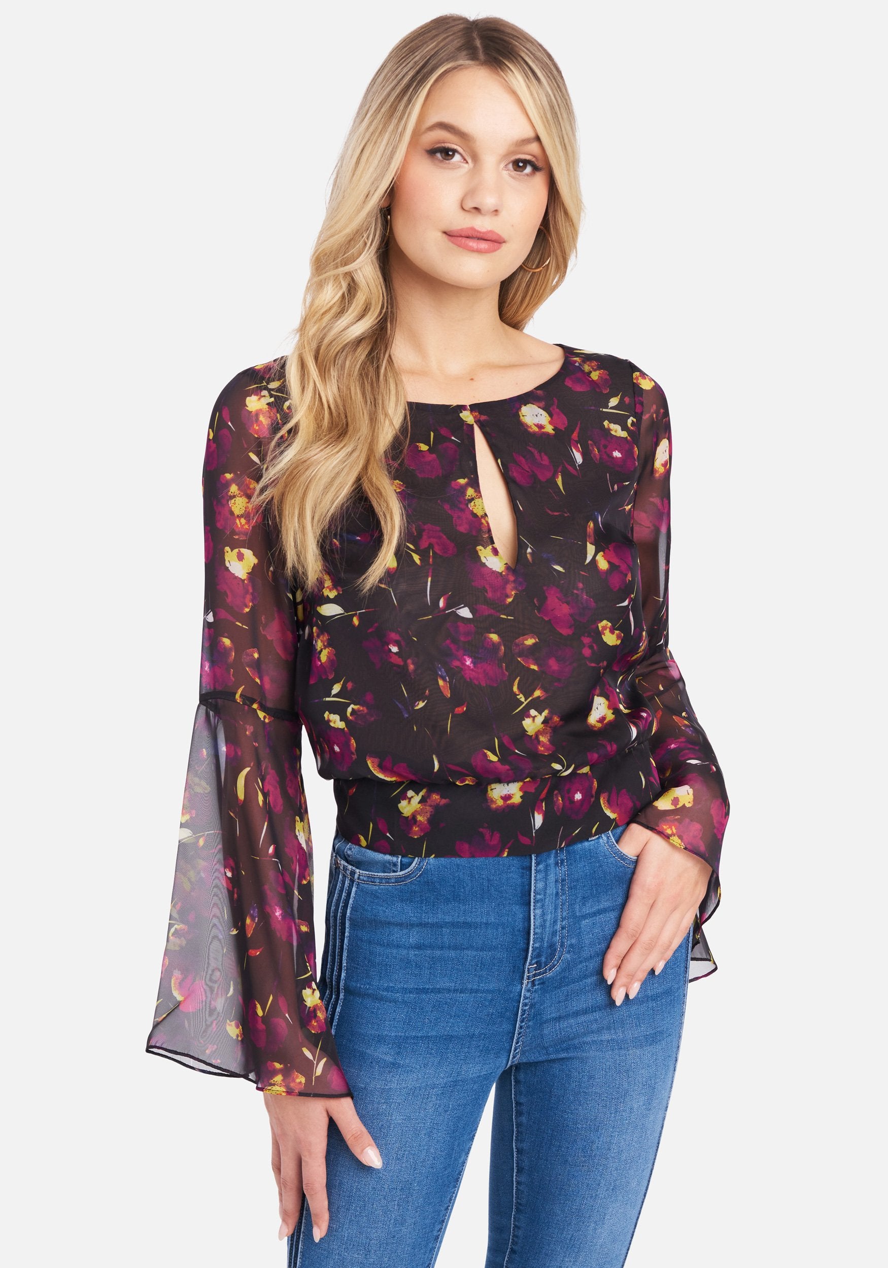 Bell Sleeve Chiffon Key Hole Blouse