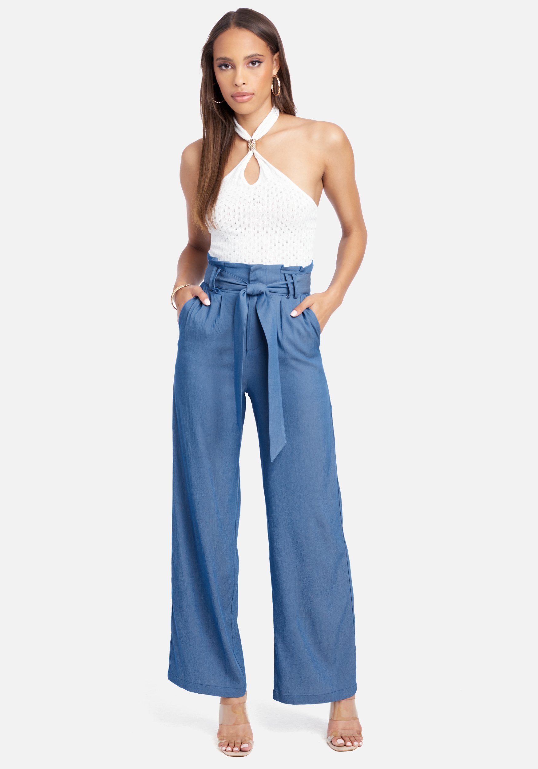 High Waist Front Tie Wide Leg Chambray Pants