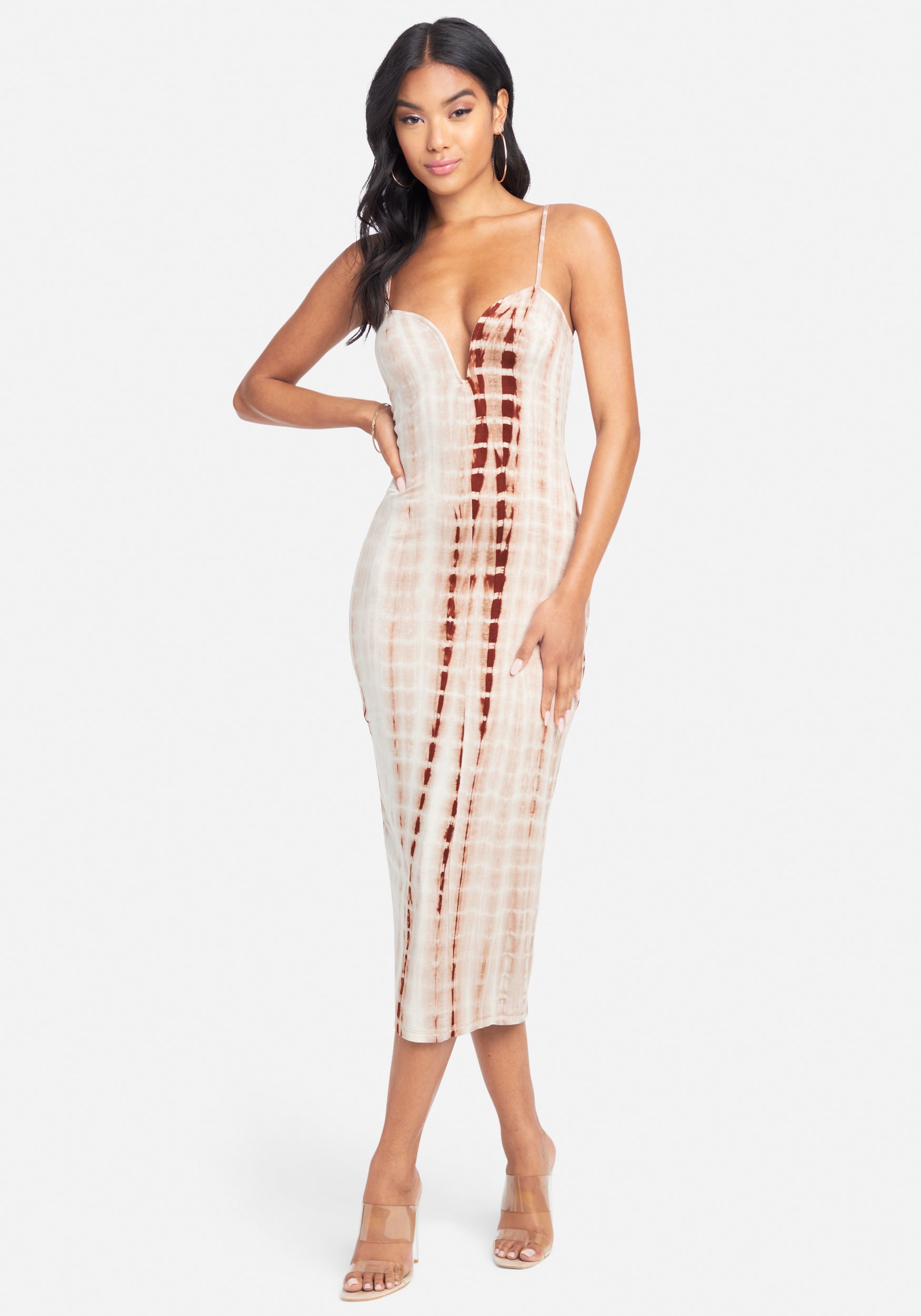 Printed Plunge Neck Bodycon Midi Dress