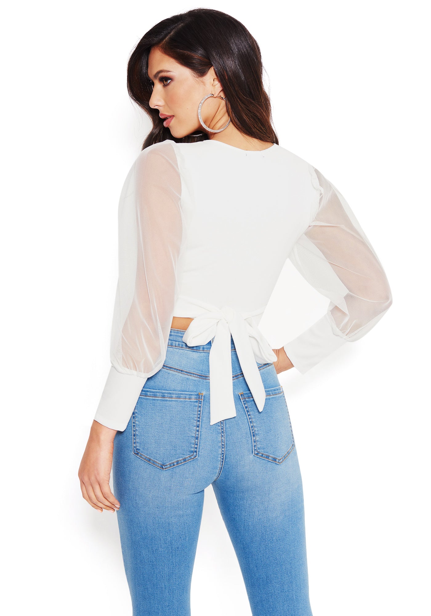 Sheer Sleeve Wrap Crop Top