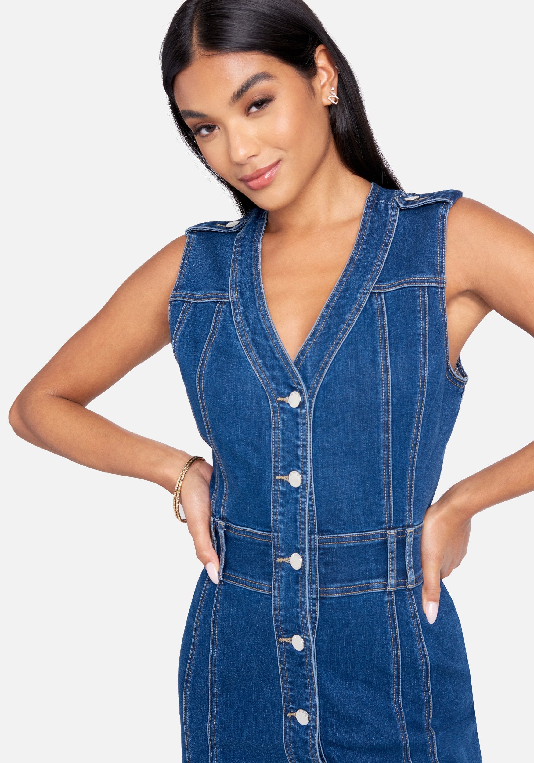 Button Down Multi Seam Denim Dress