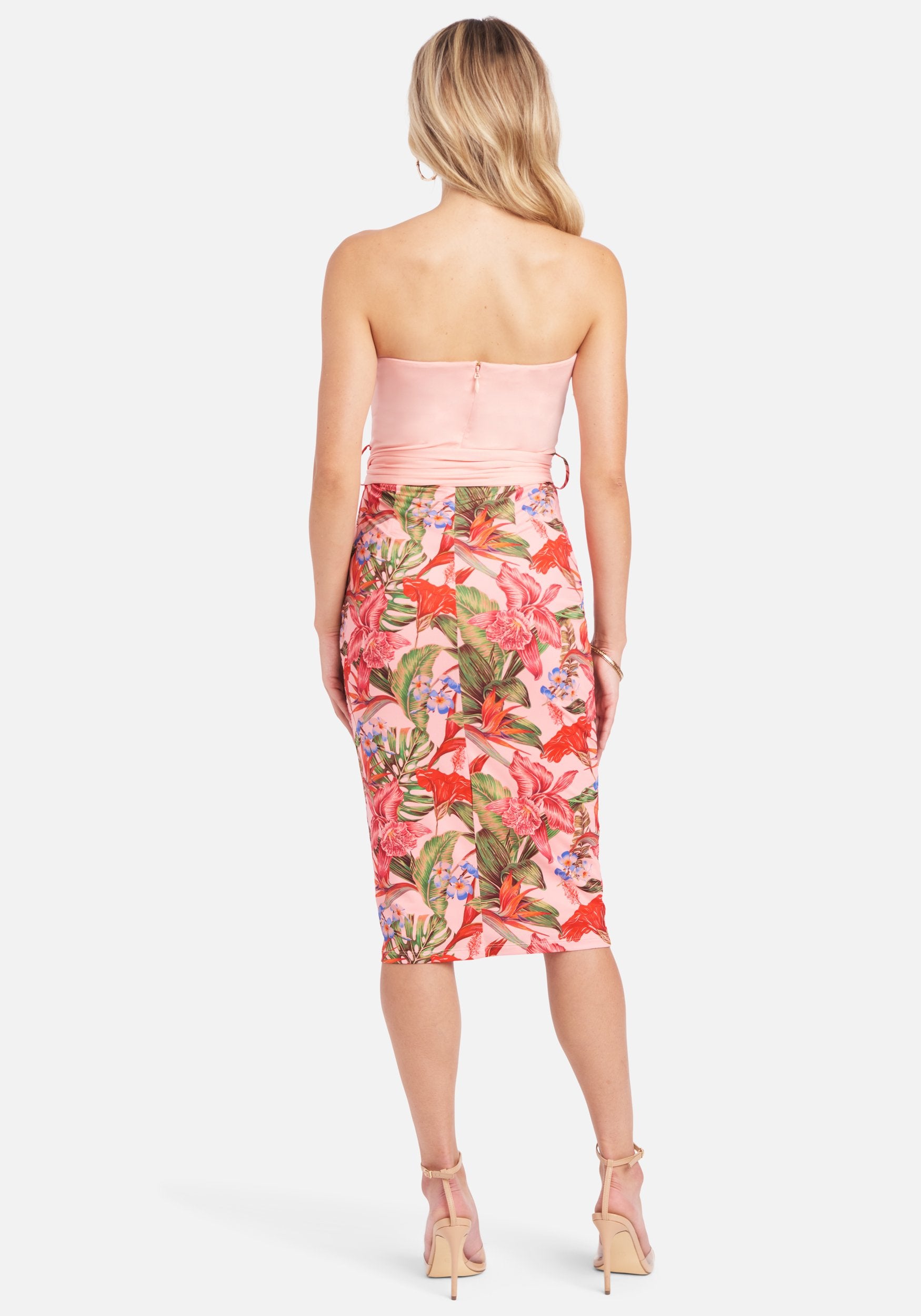 Belted Strapless Printed Midi