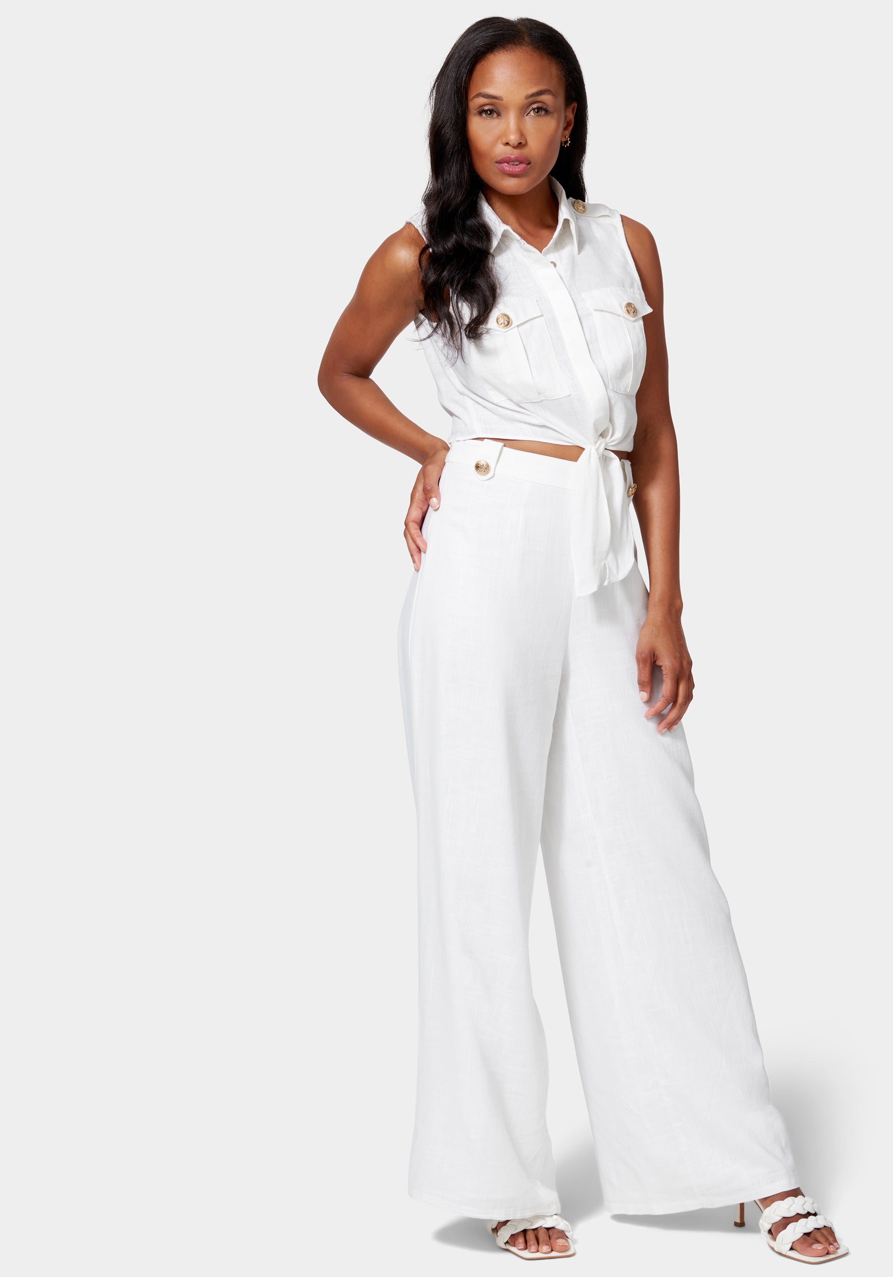 Linen Blend Button Detail Wide Leg Pant
