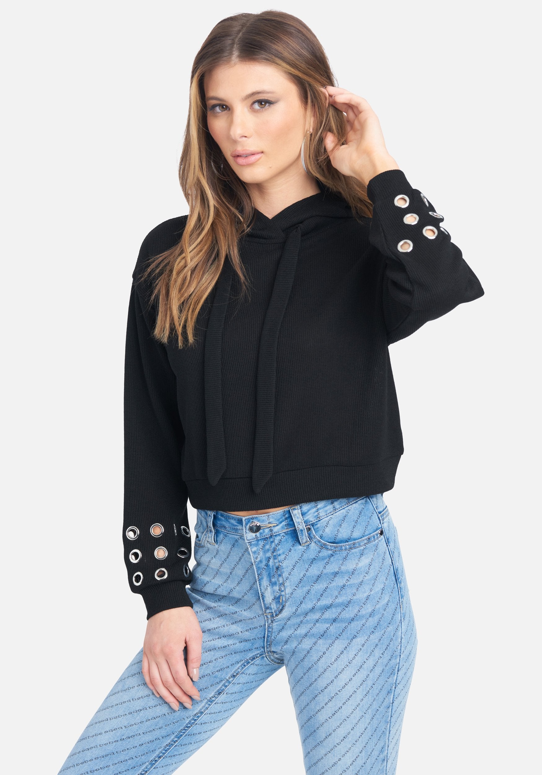 Grommet Detail Hooded Crop Sweater