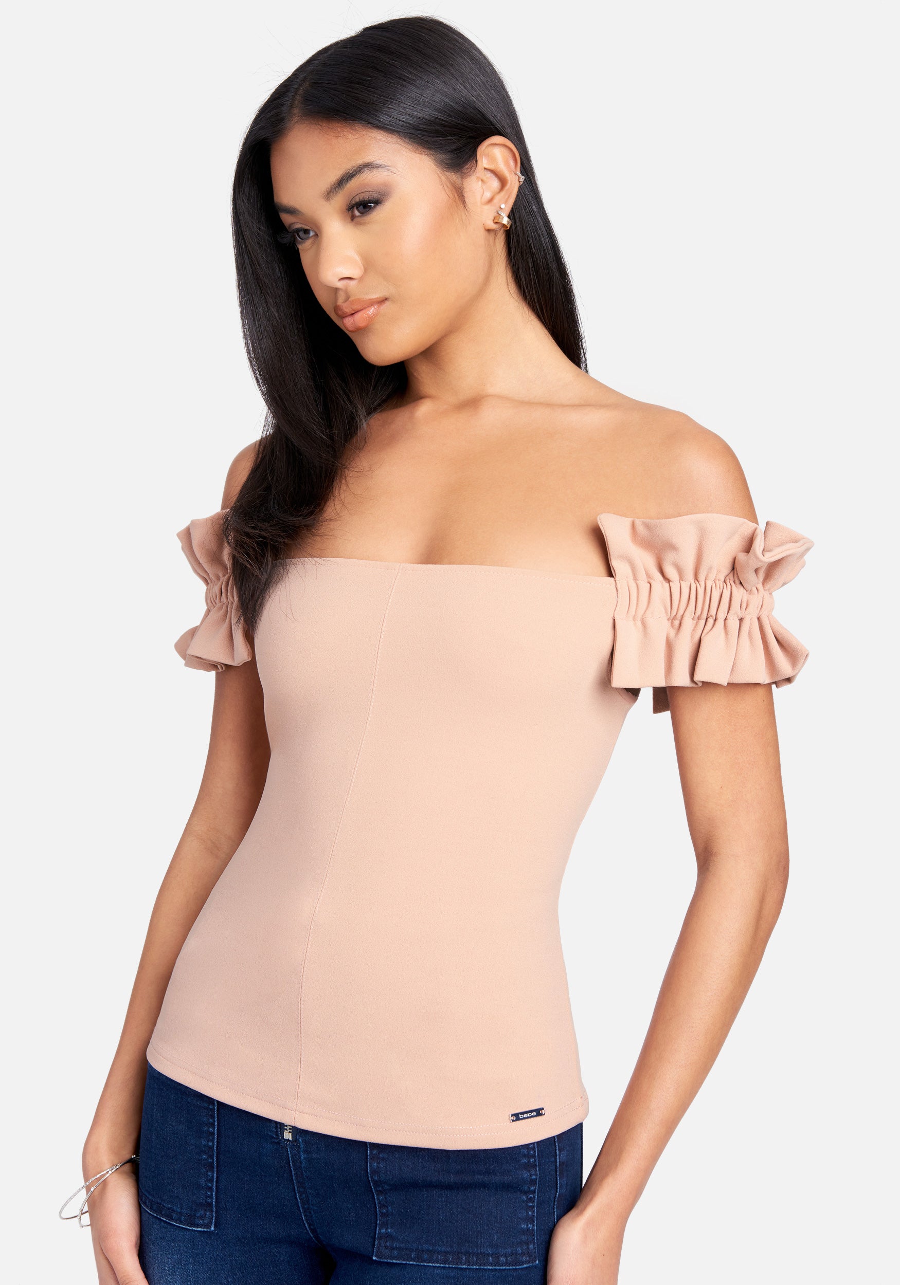 Knit Crepe Off Shoulder Ruffle Top