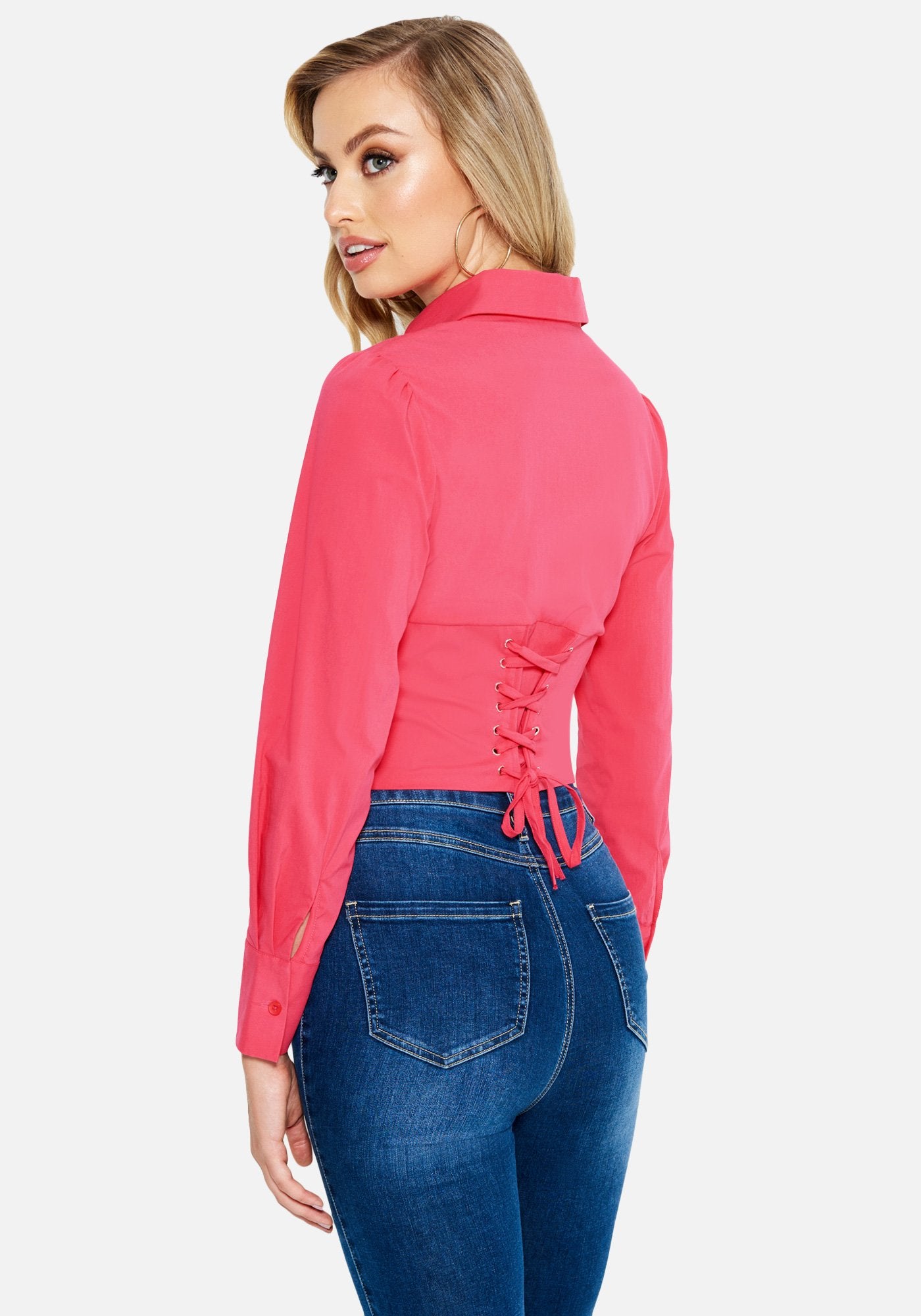 Poplin Long Sleeve Lace Back Top