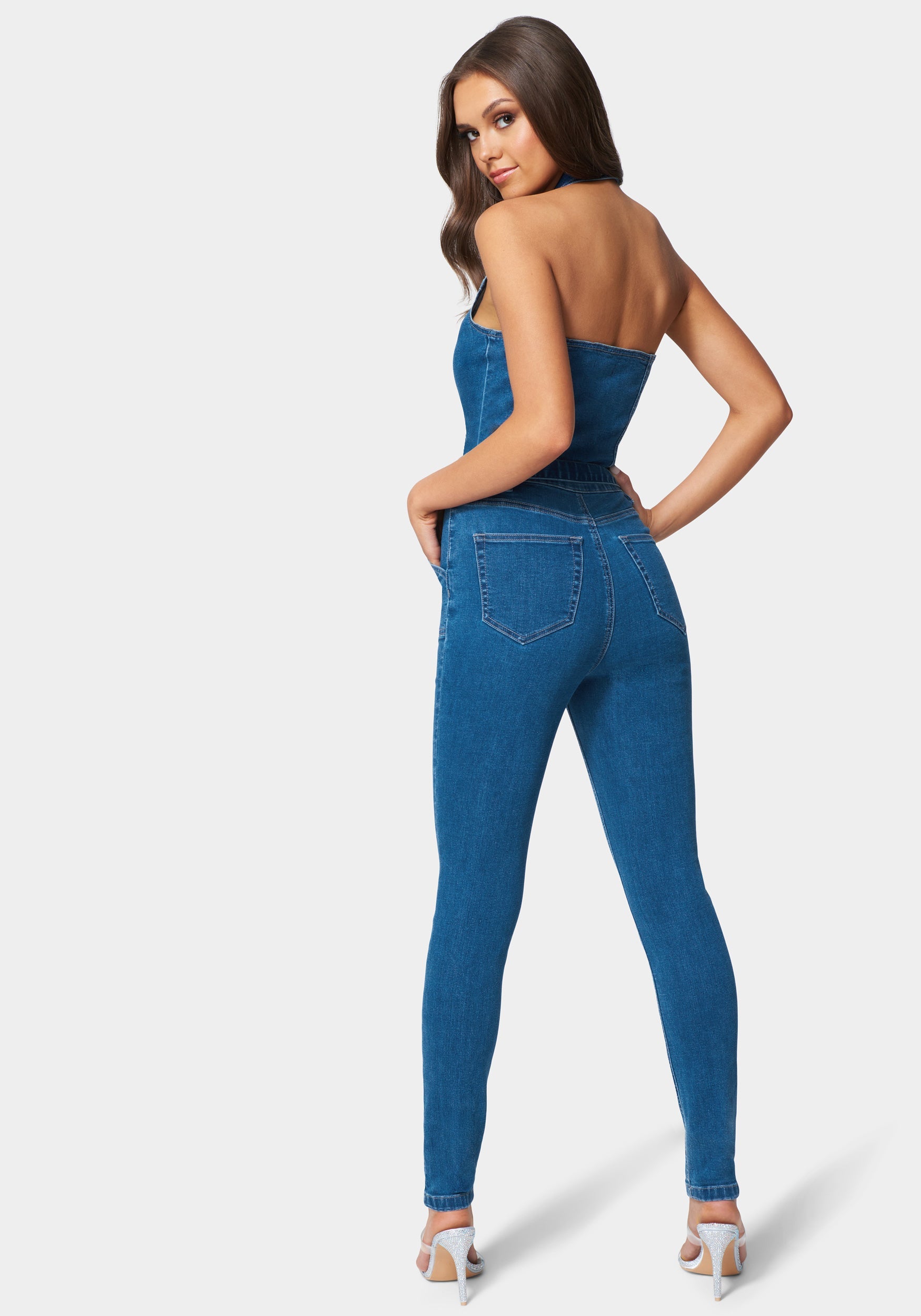 Halter Neck Zip-Up Denim Jumpsuit