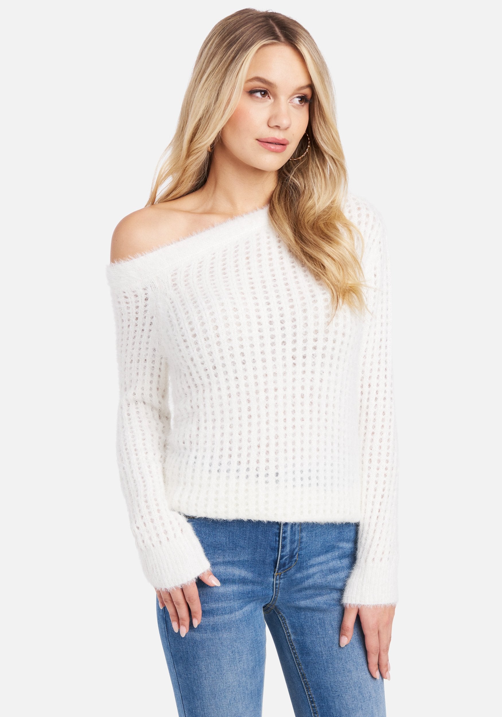 Off Shoulder Open Knit Sweater Top