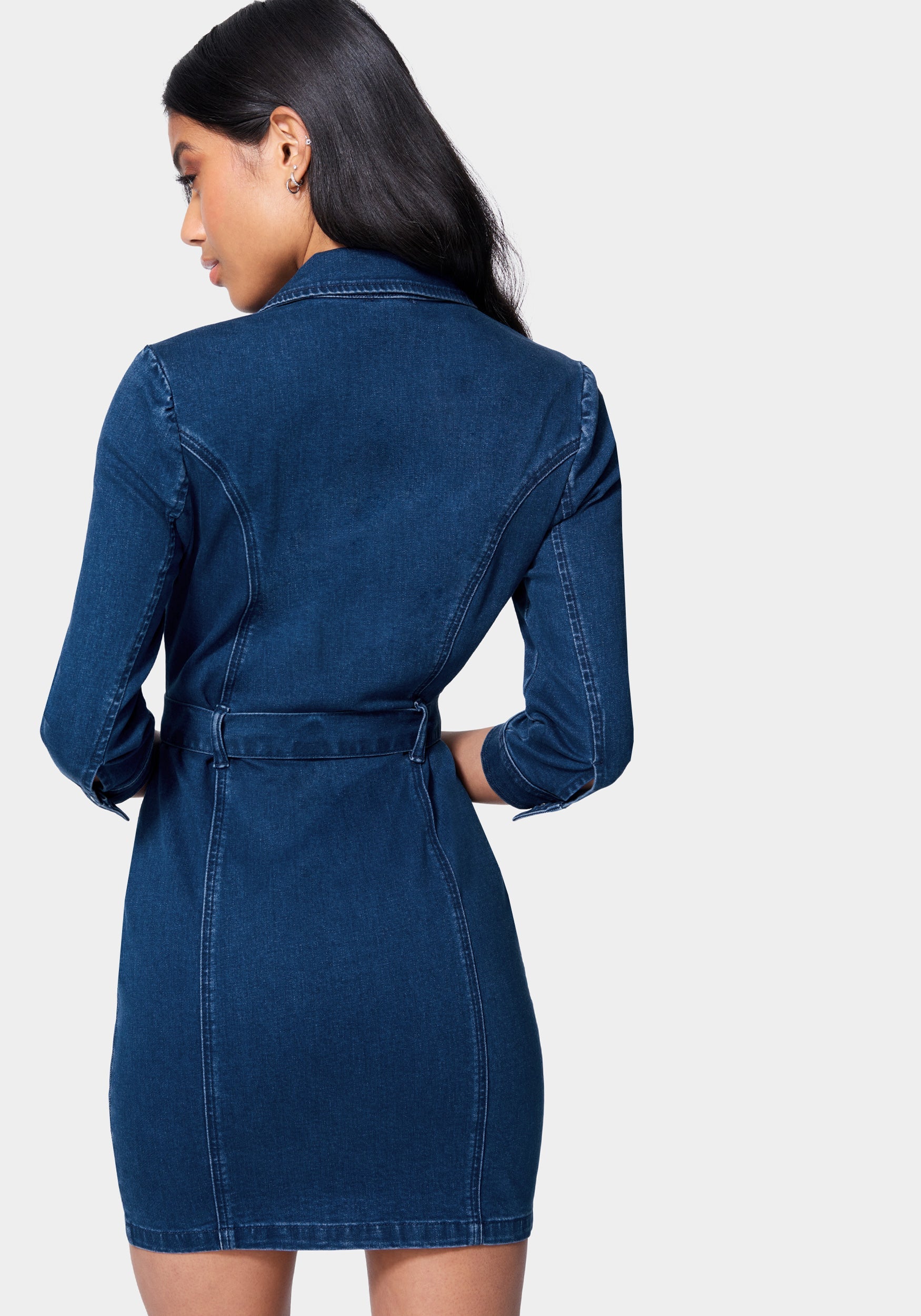 Asymmetrical Front Zip Belted Denim Dress