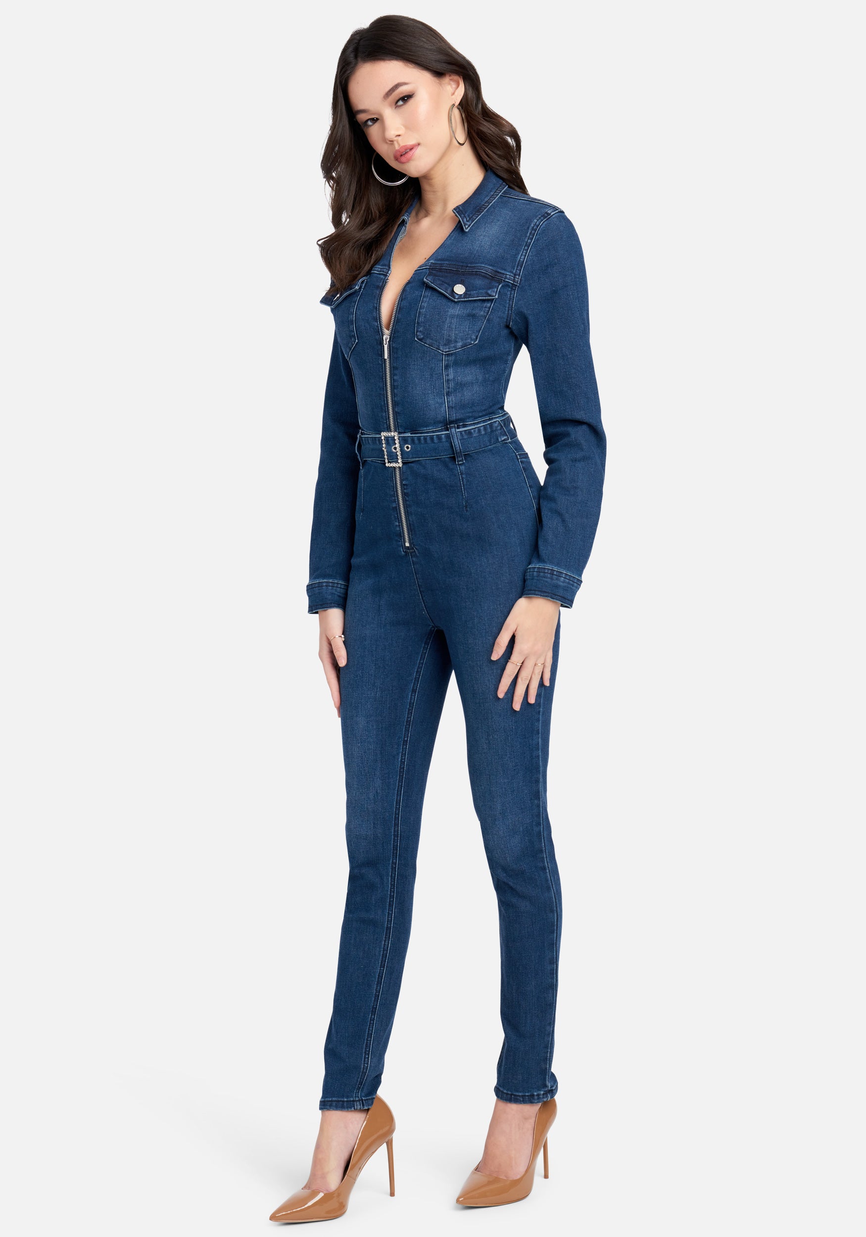 Rhinestone Belt Buckle Zip Front Denim Jumpsuit