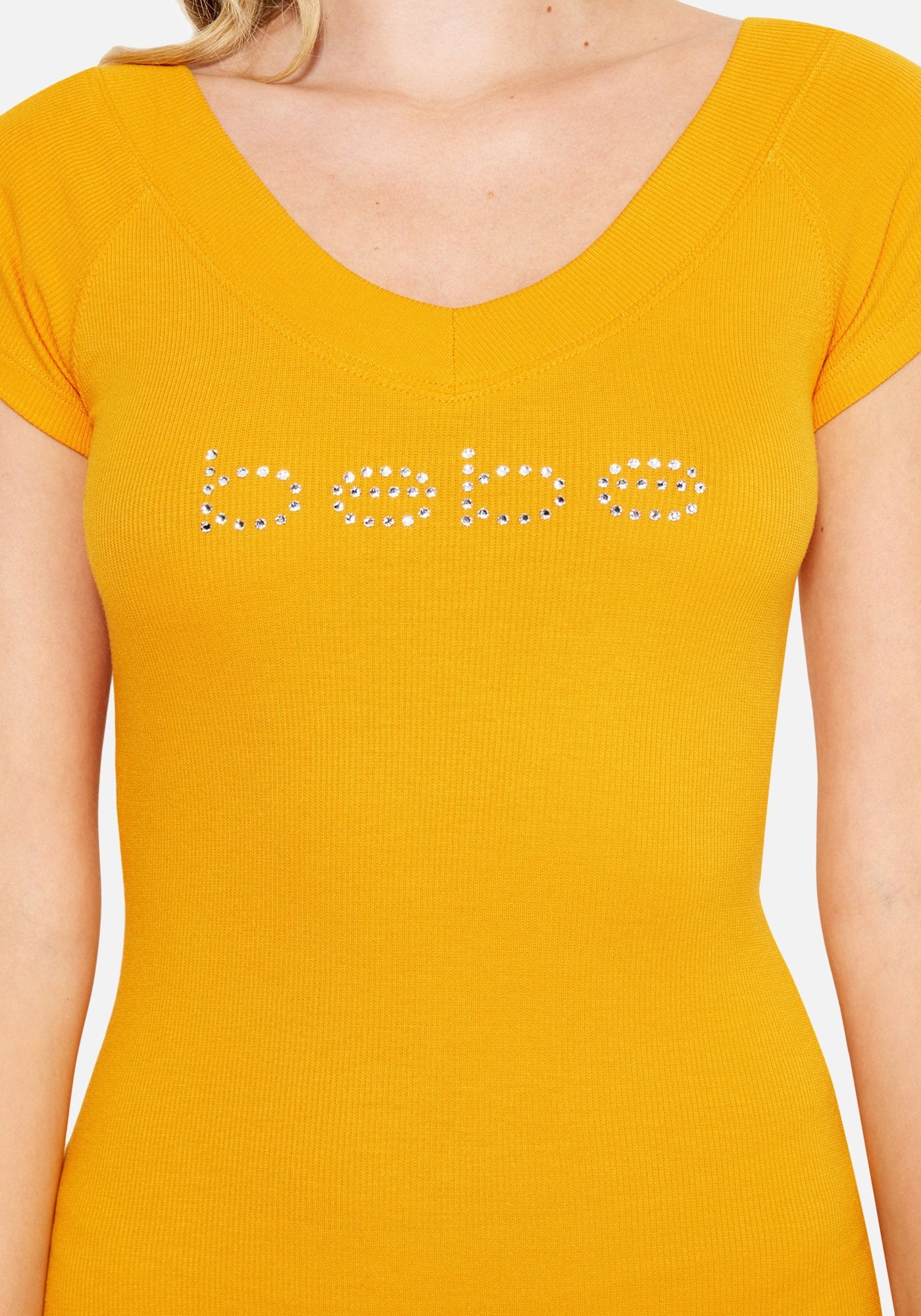 Crystal Logo Short Sleeve Double V-Neck Dress