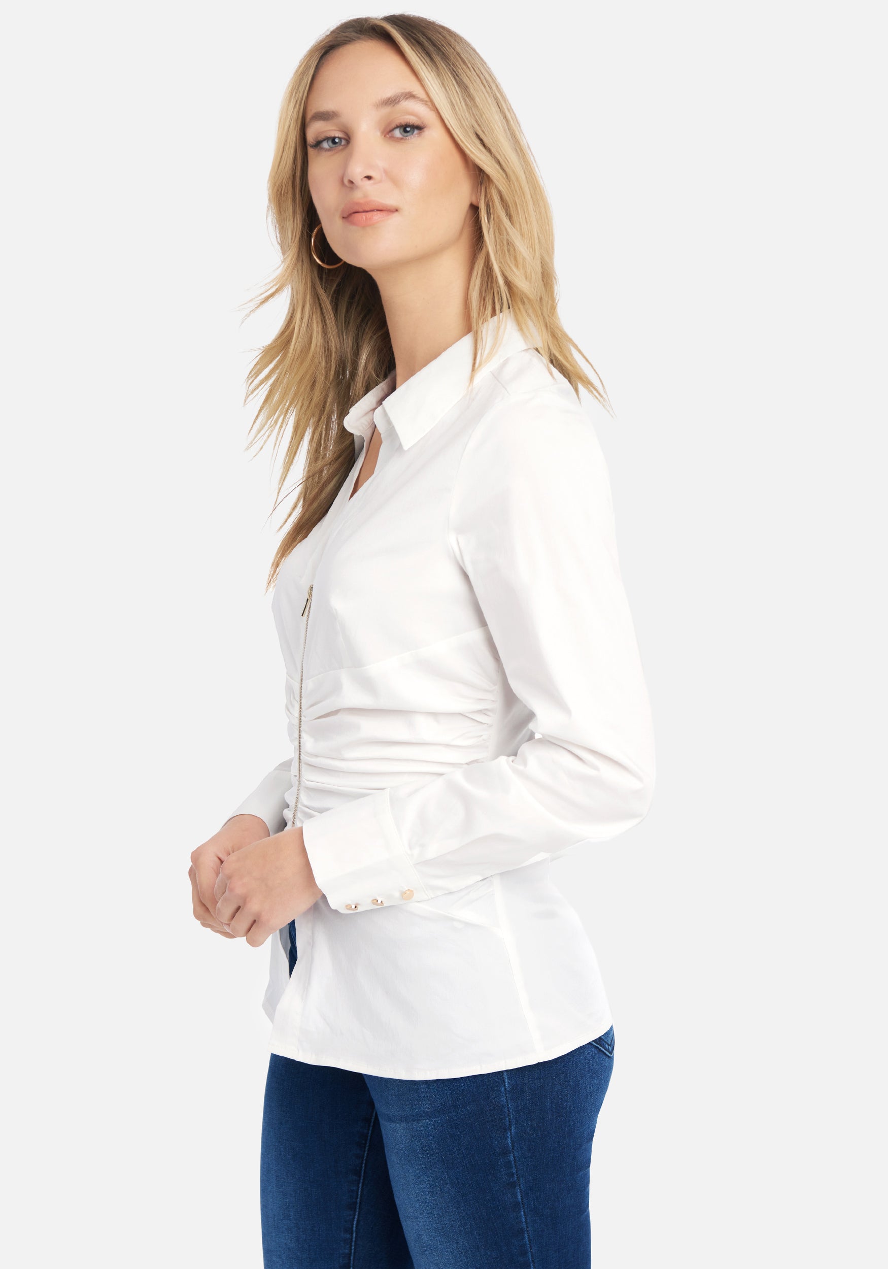Ruched Waist Zip Up Poplin Blouse