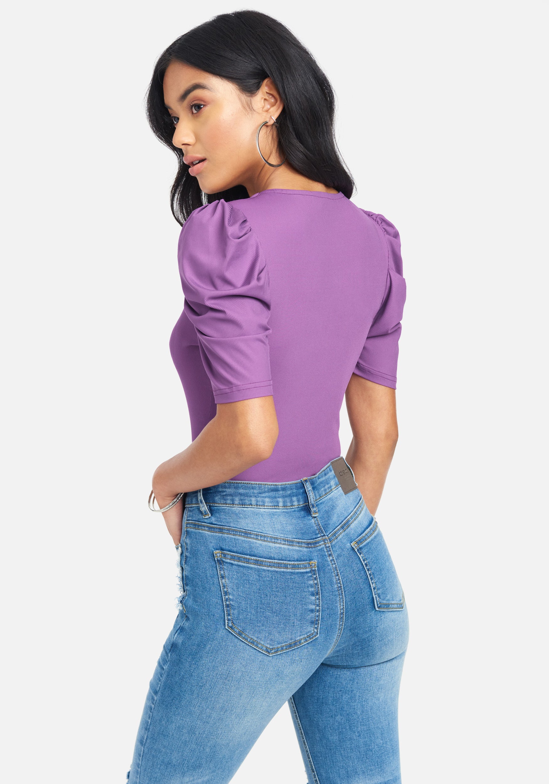 Rib Knit Ruched Sleeve Knit Top