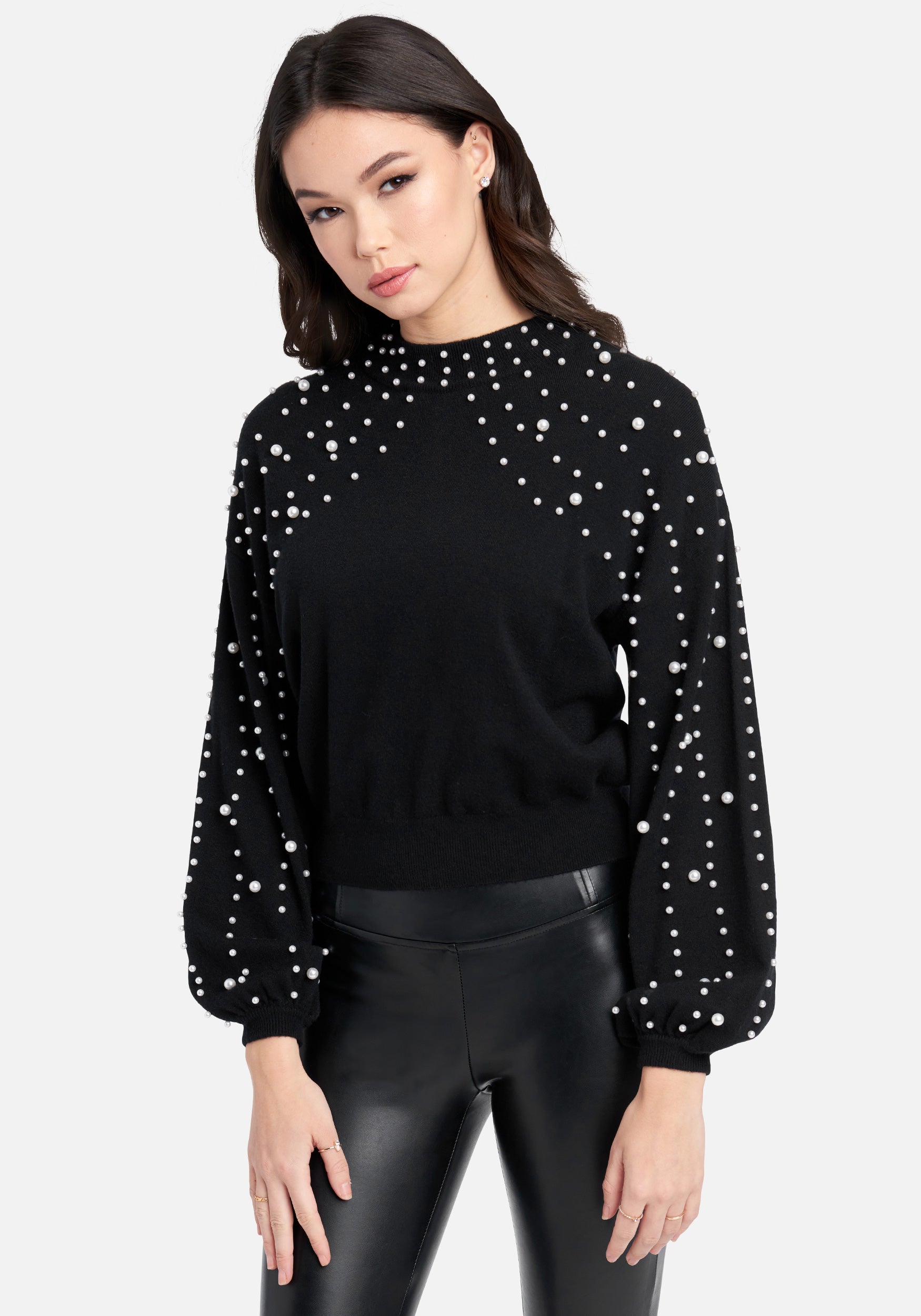 Pearl Detail Long Sleeve Mock Neck Sweater