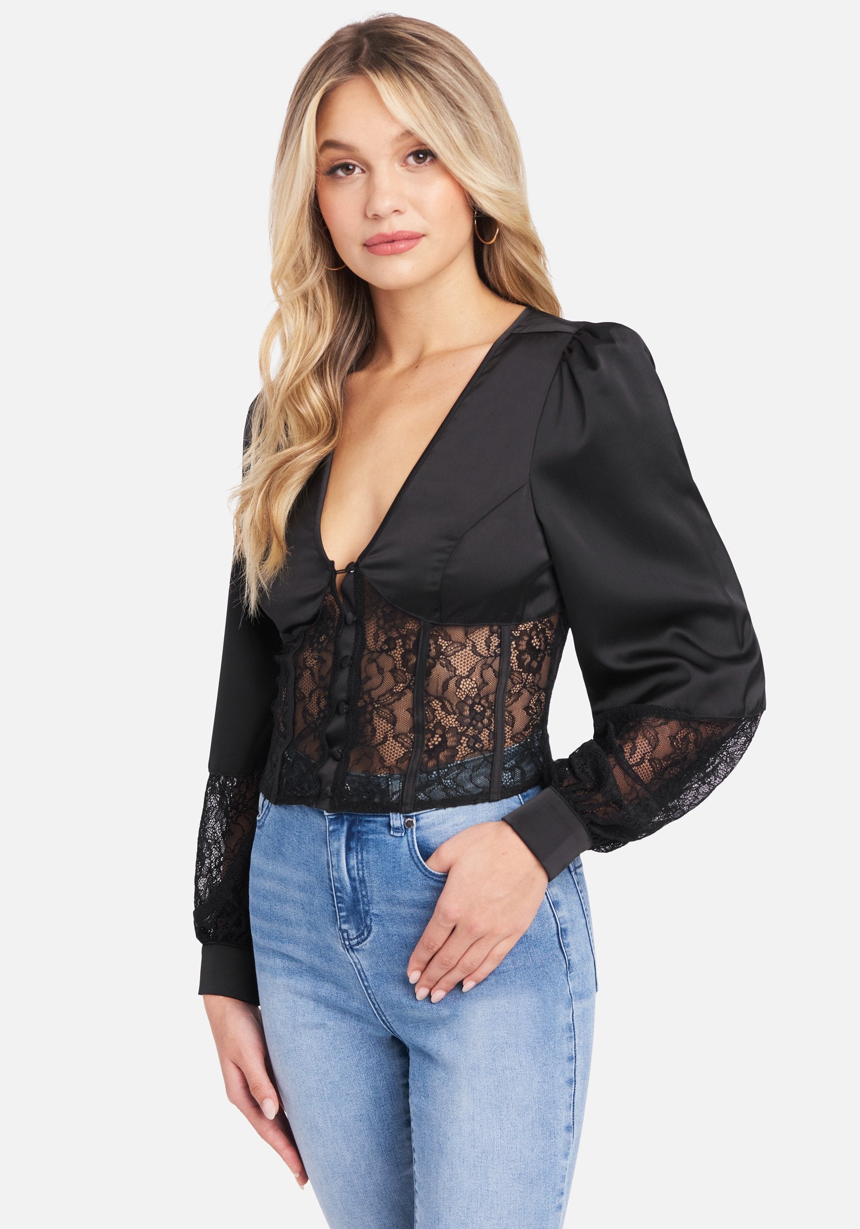 Satin & Lace Bustier Waist Blouse