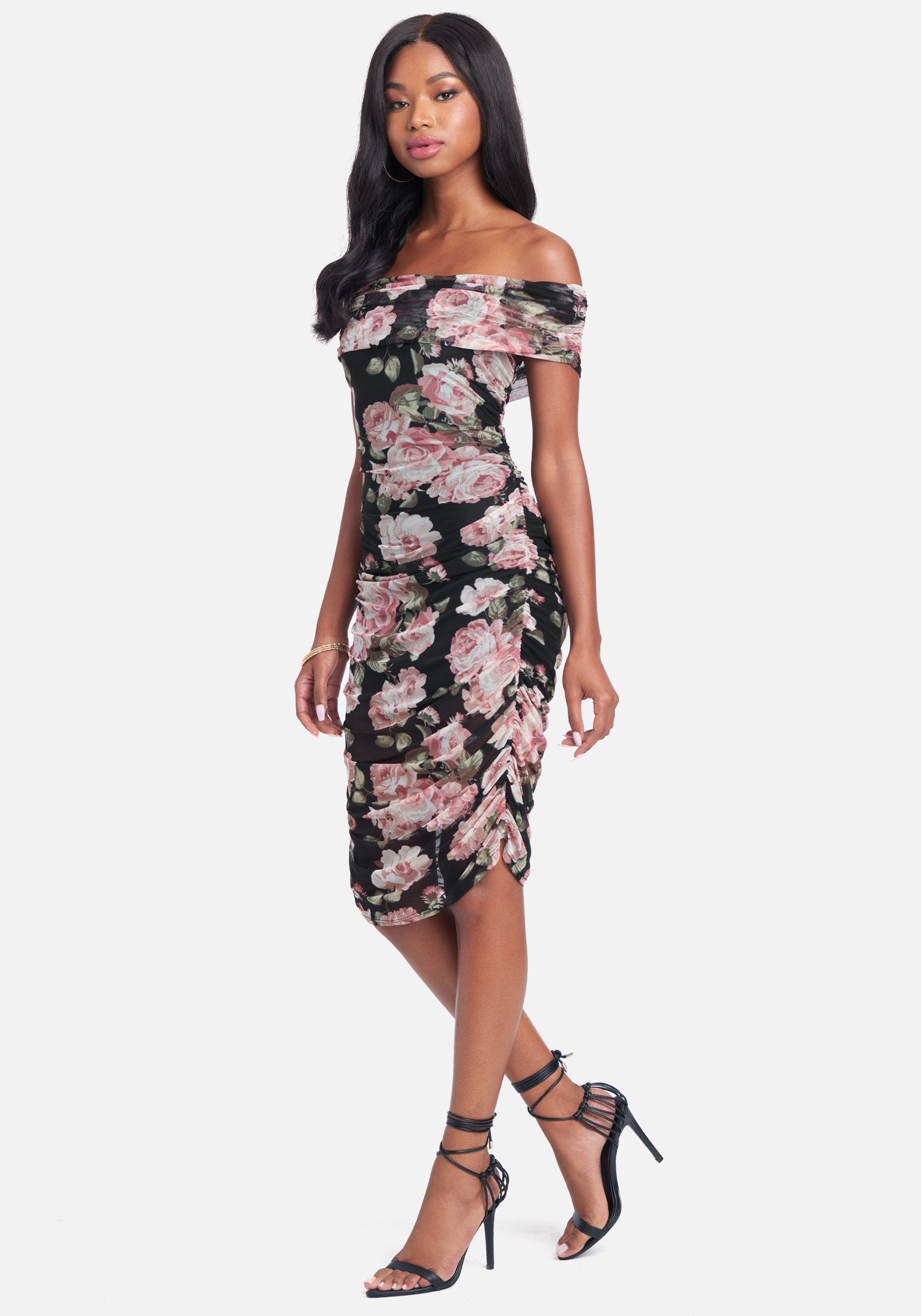 Off Shoulder Floral Ruched Dress