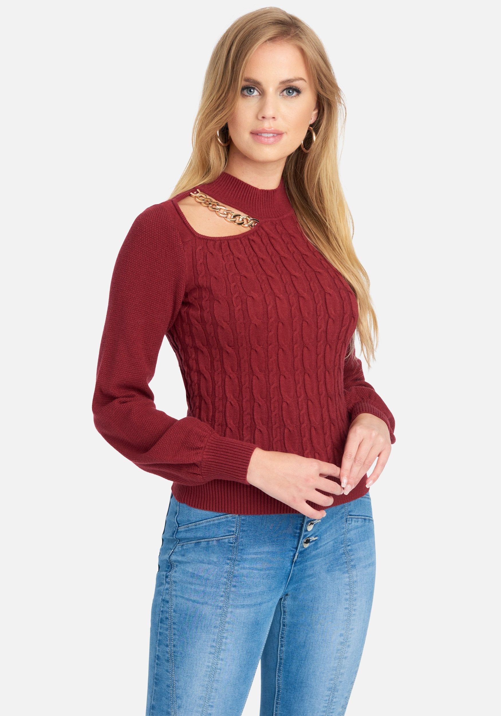 Chain Detail Mock Neck Cable Sweater