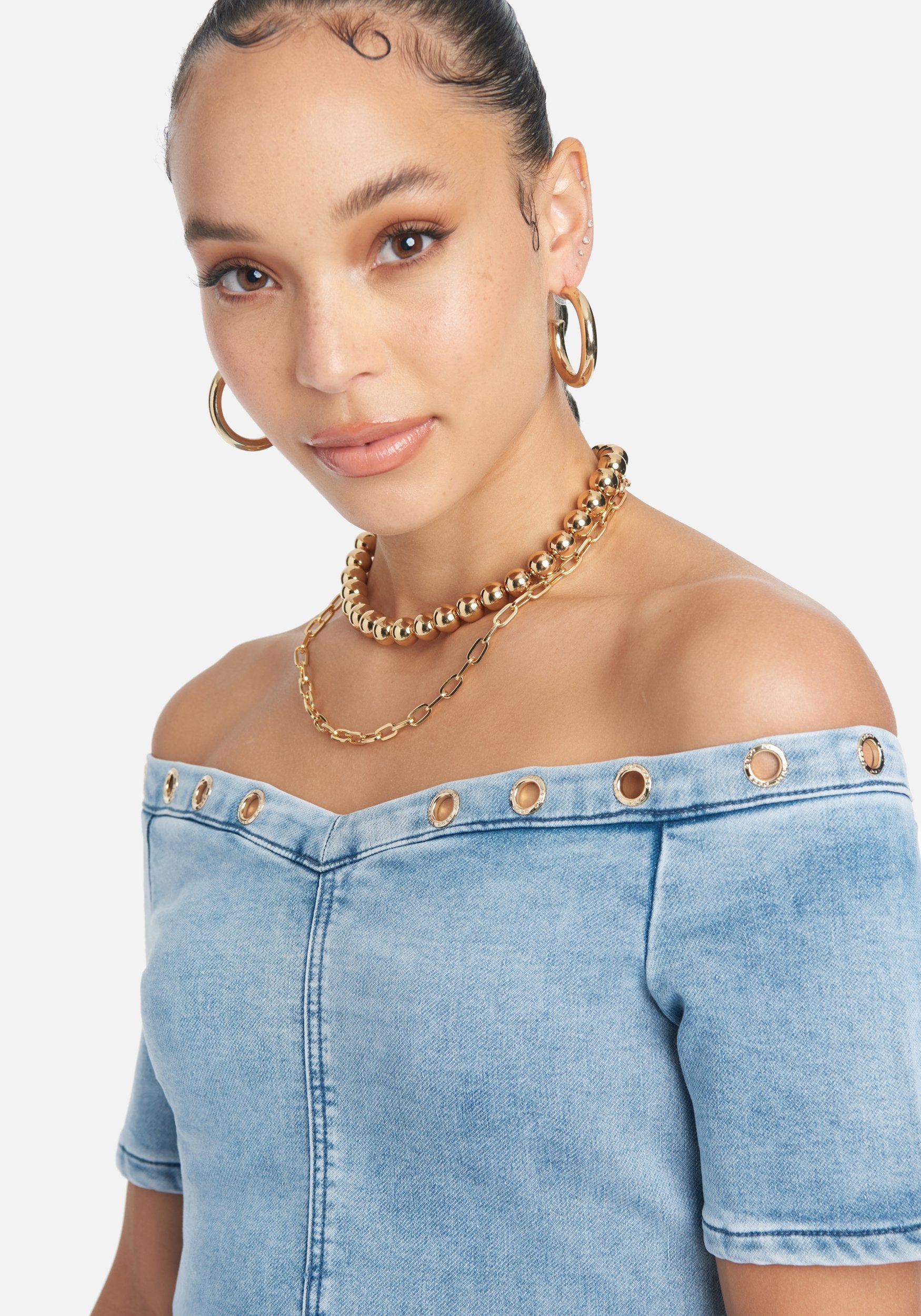 Off Shoulder Grommet Jean Dress