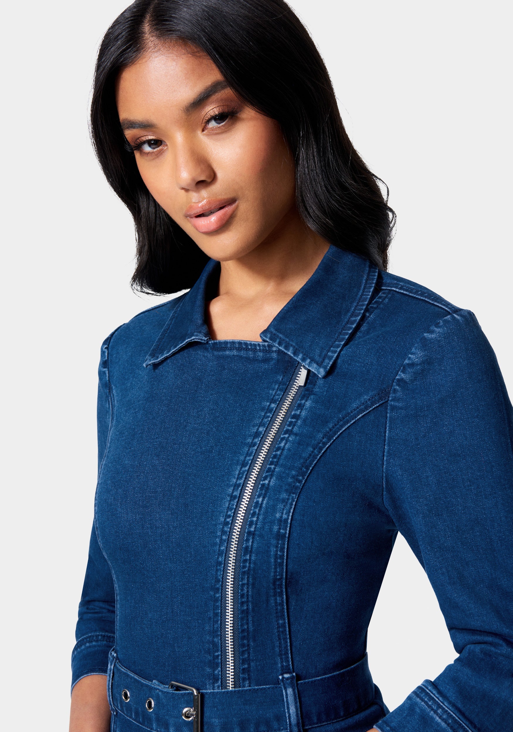 Asymmetrical Front Zip Belted Denim Dress