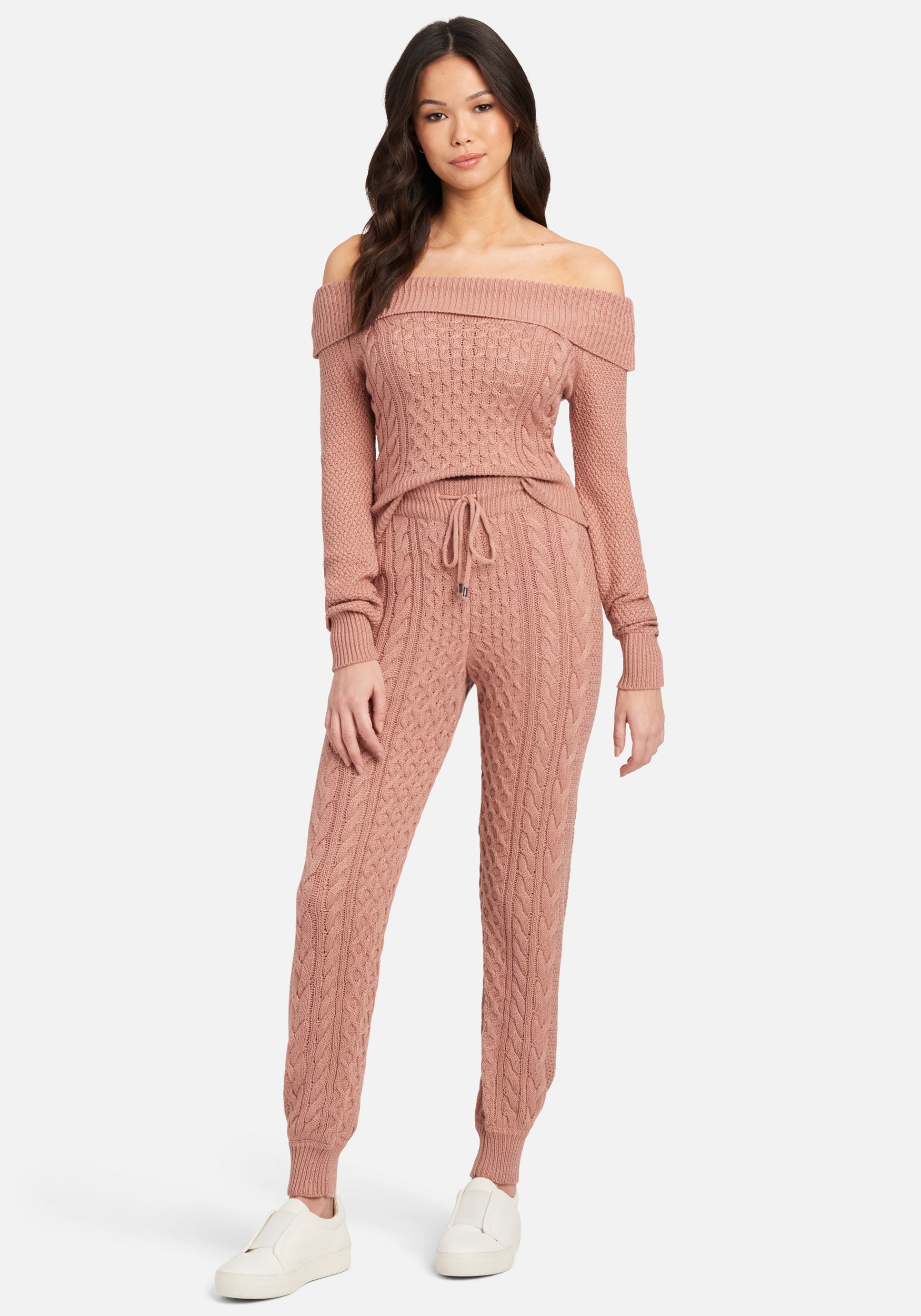 Off Shoulder Cable Knit Sweater Top