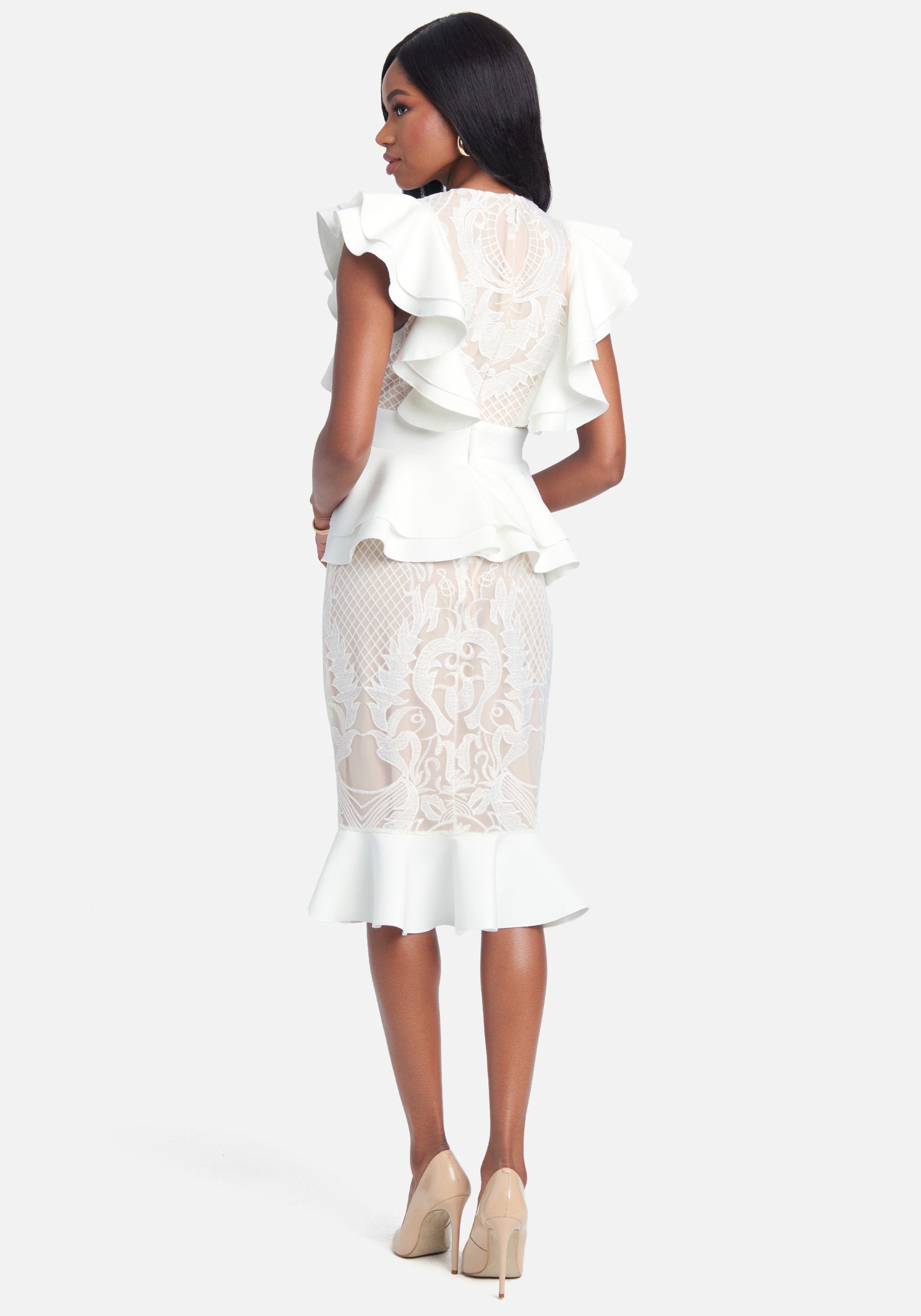 Ruffle Peplum Lace Pencil Dress