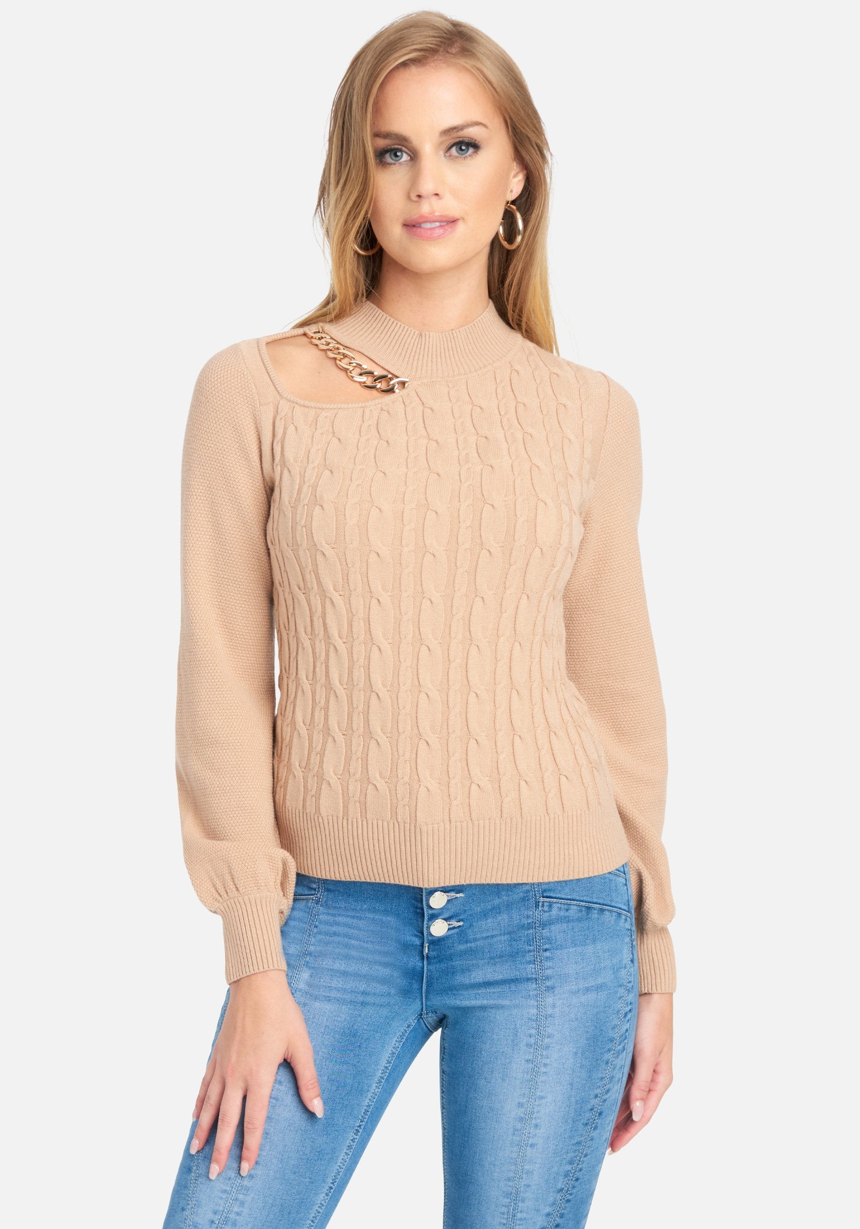 Chain Detail Mock Neck Cable Sweater