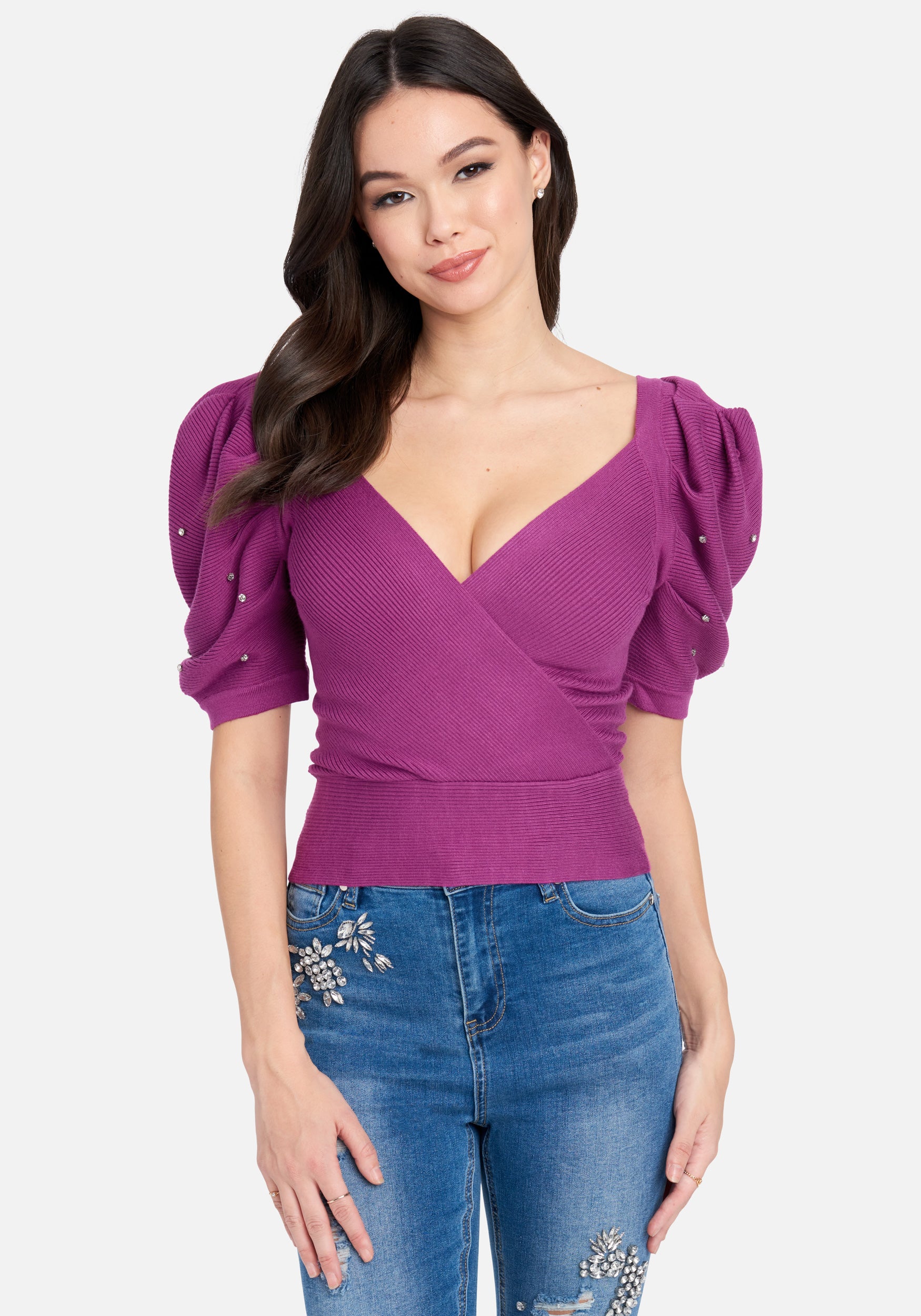 Puff Sleeve Pearl Detail Wrap Sweater