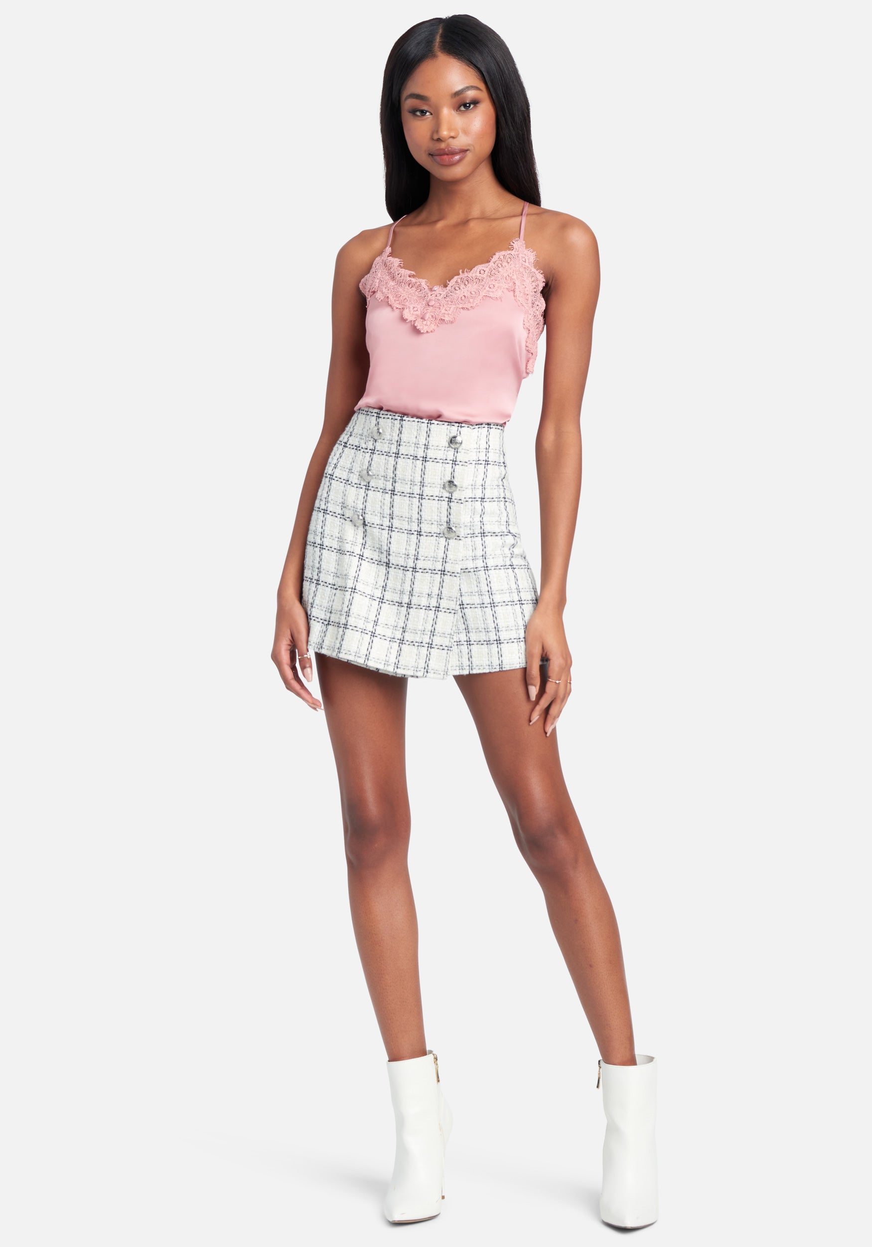 Window Pane Boucle Button Detail Skort