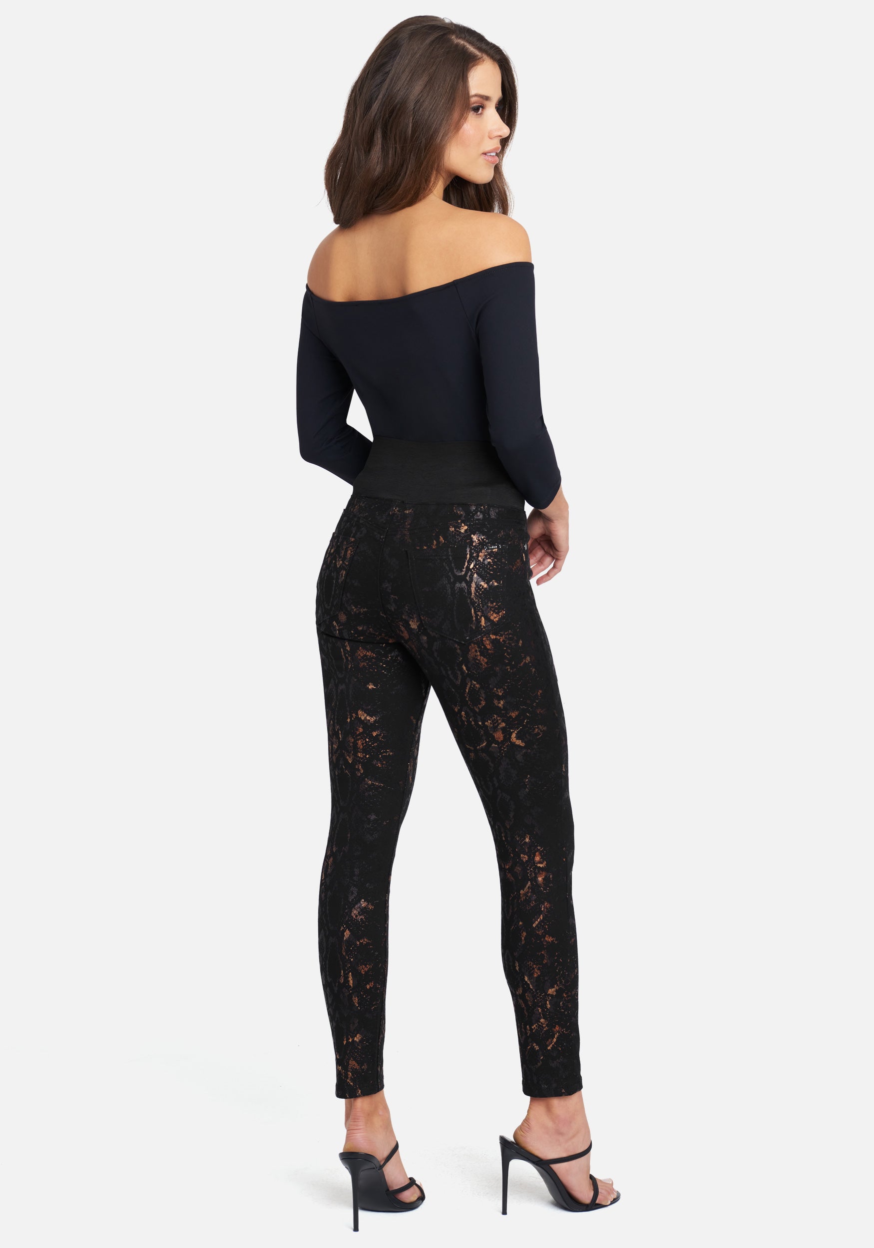 High Waist Elastic Zip Front Foil Skinny Jeans