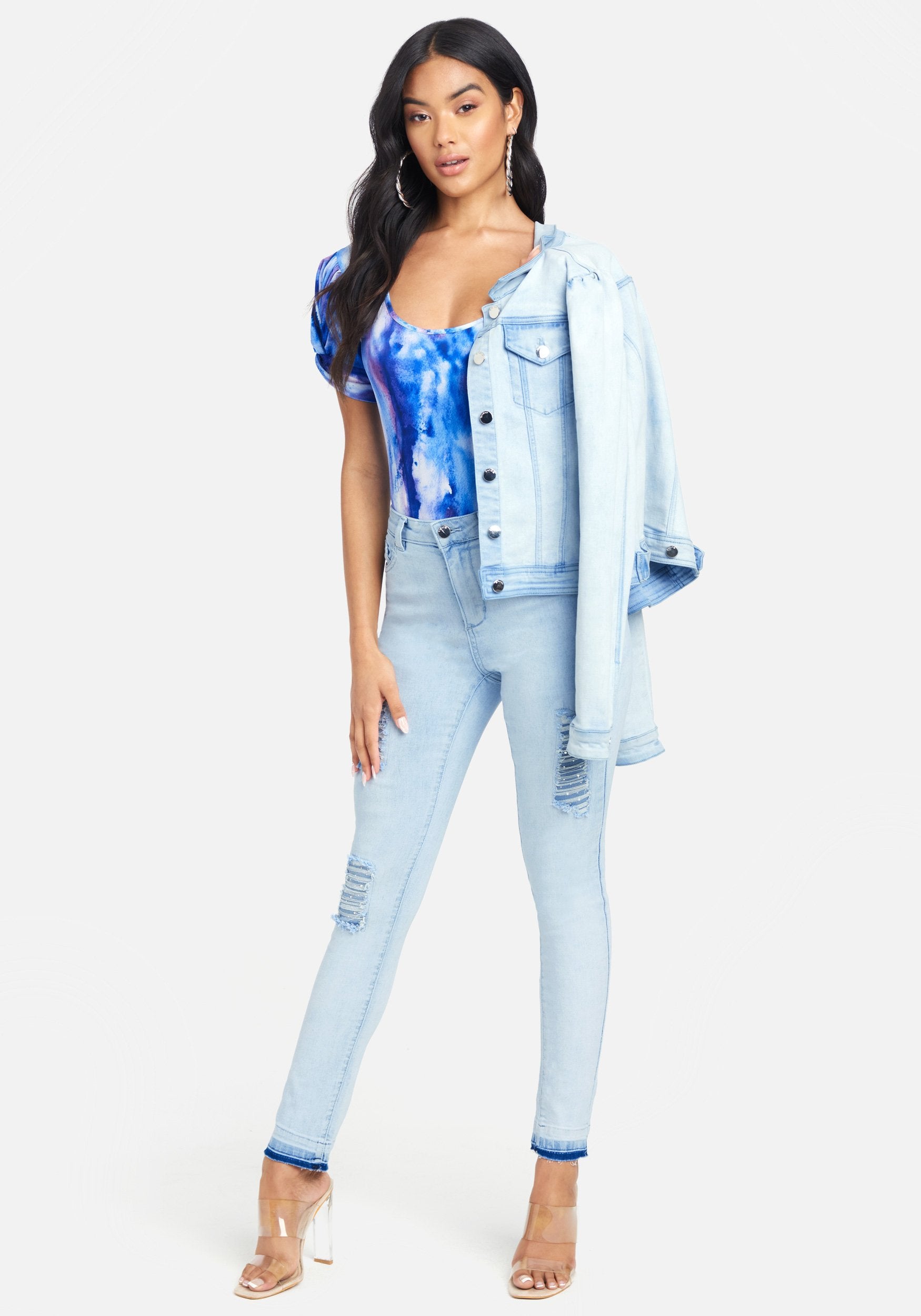 High Waisted Distressed Rhinestone Skinny Jeans