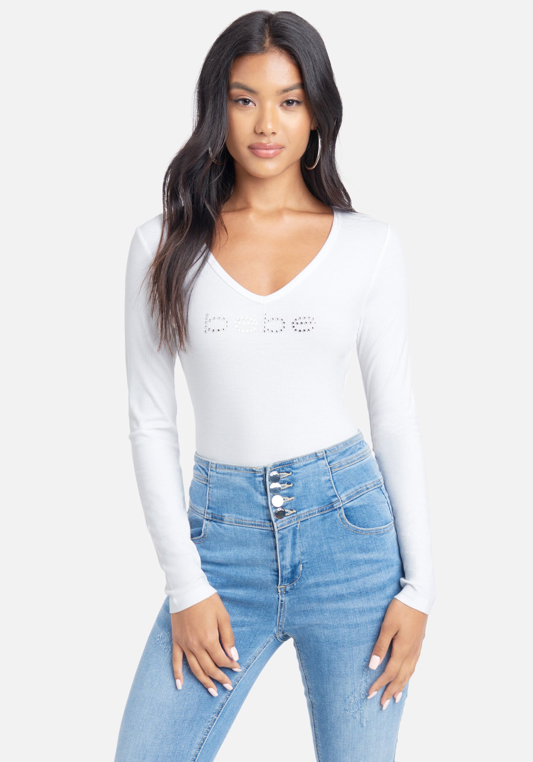 Crystal Logo V-Neck Long Sleeve Tee