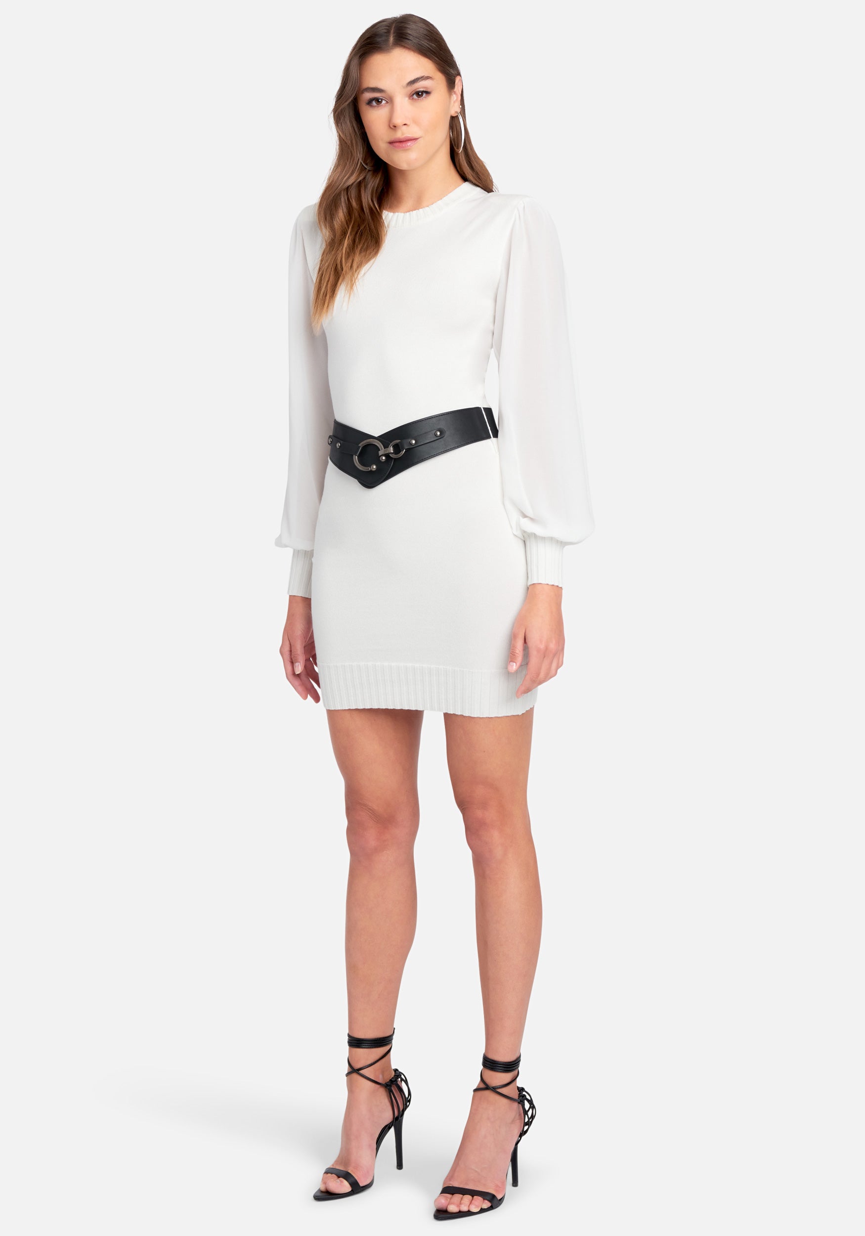 Belted Bold Shoulder Sweater Dress