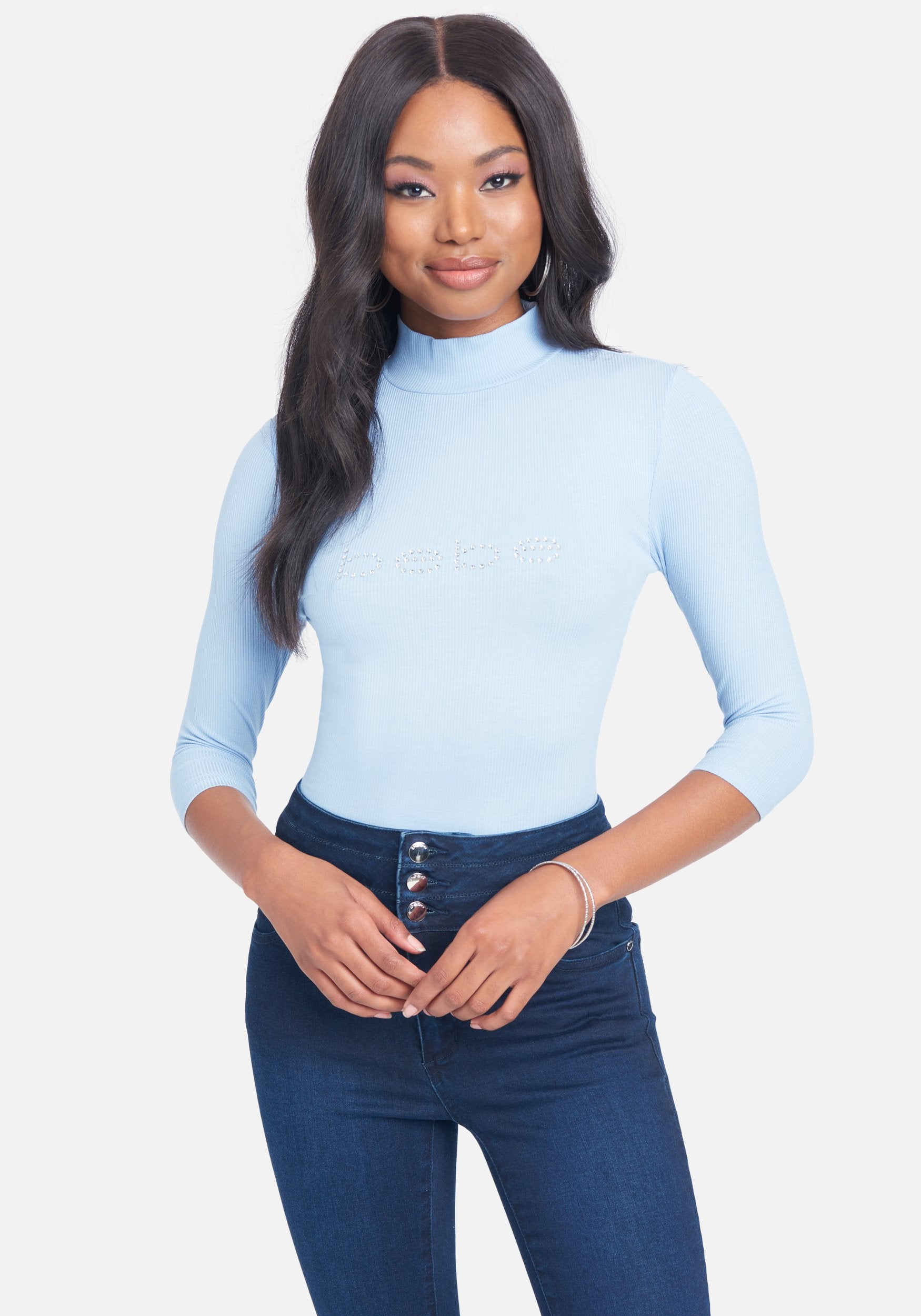 Crystal Logo Mock Neck 3/4 Sleeve Tee