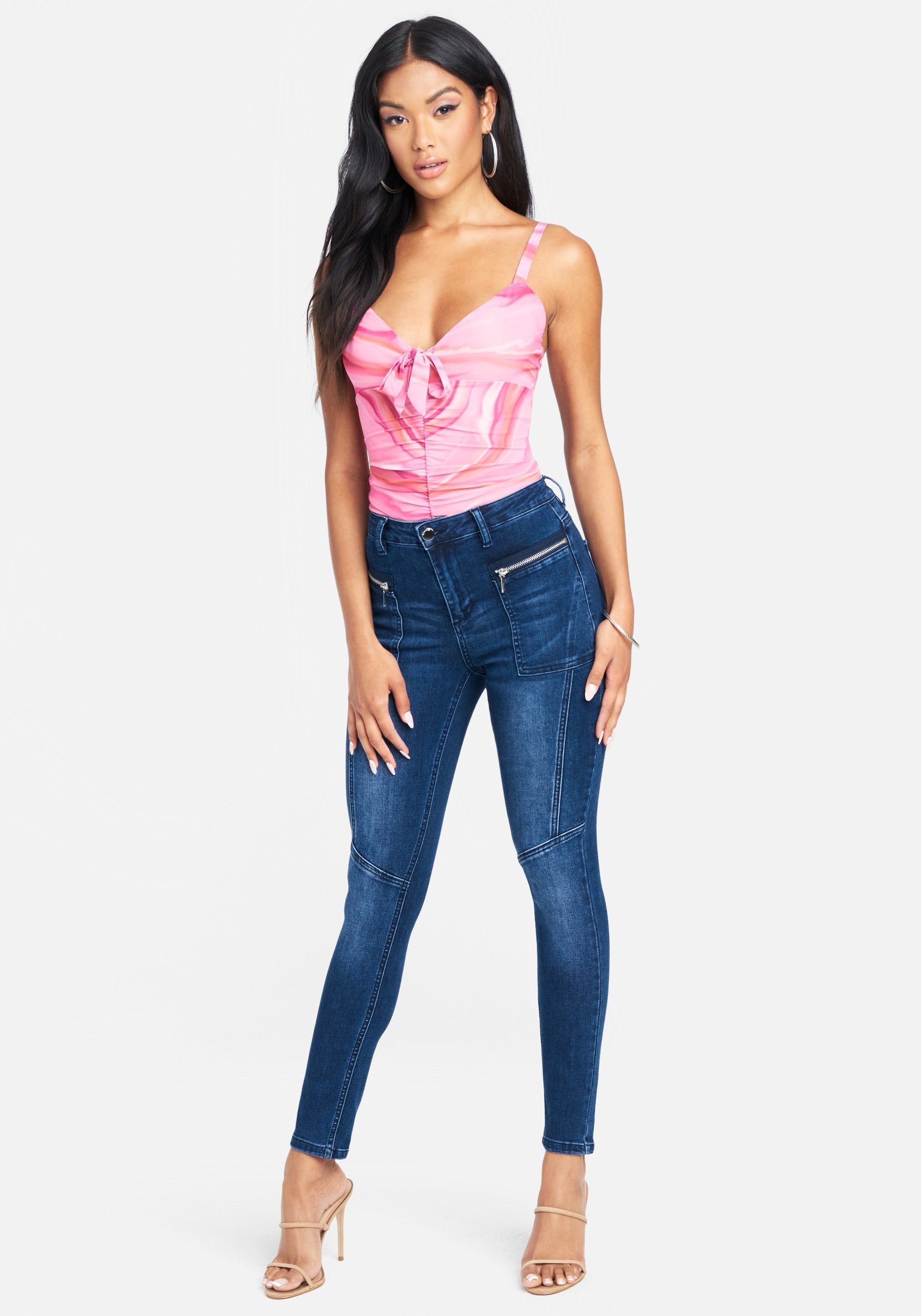 Zippered Pockets Stitch Detail Jeans