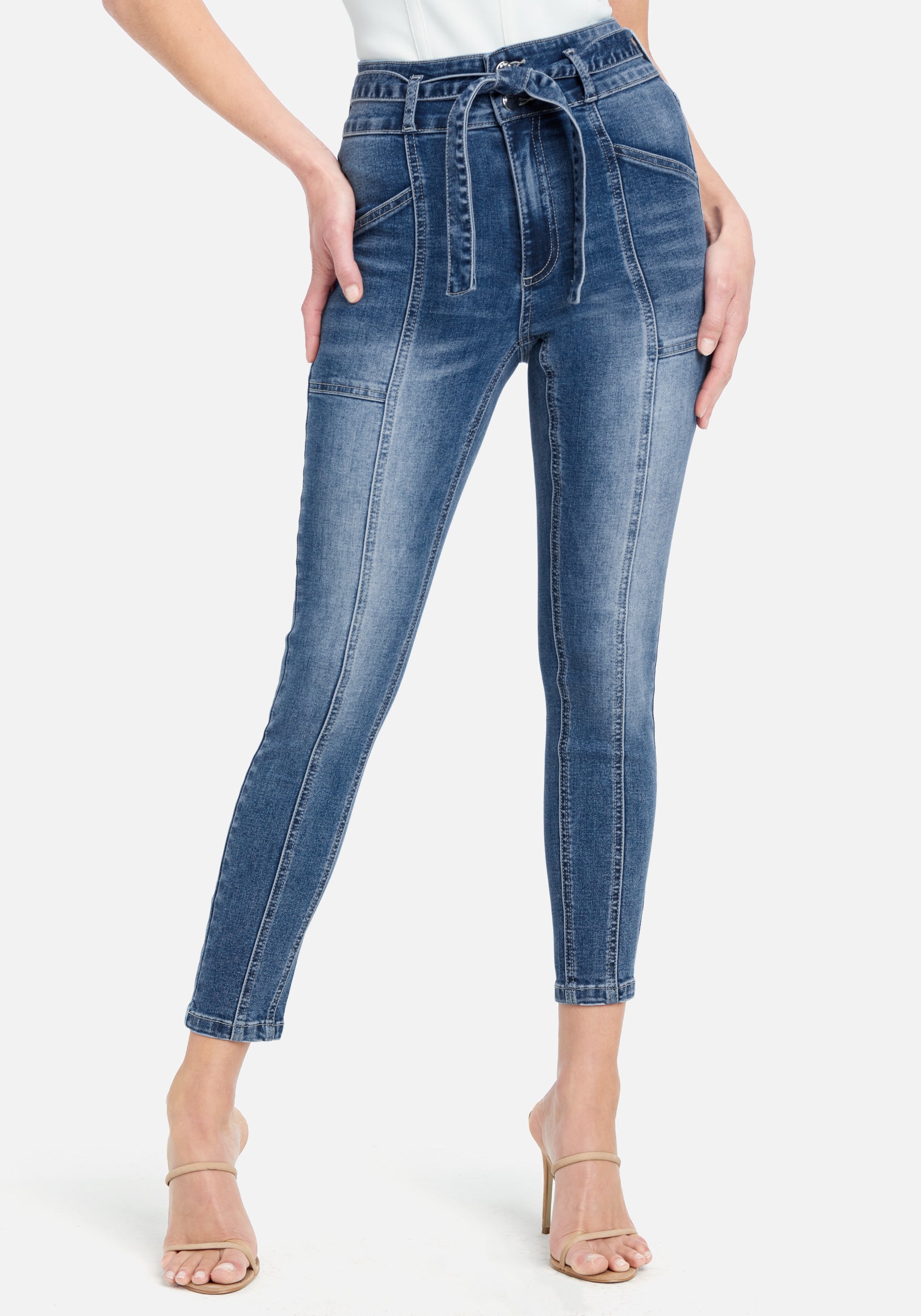Hight Waist Tie Waist Seam Detail Jeans