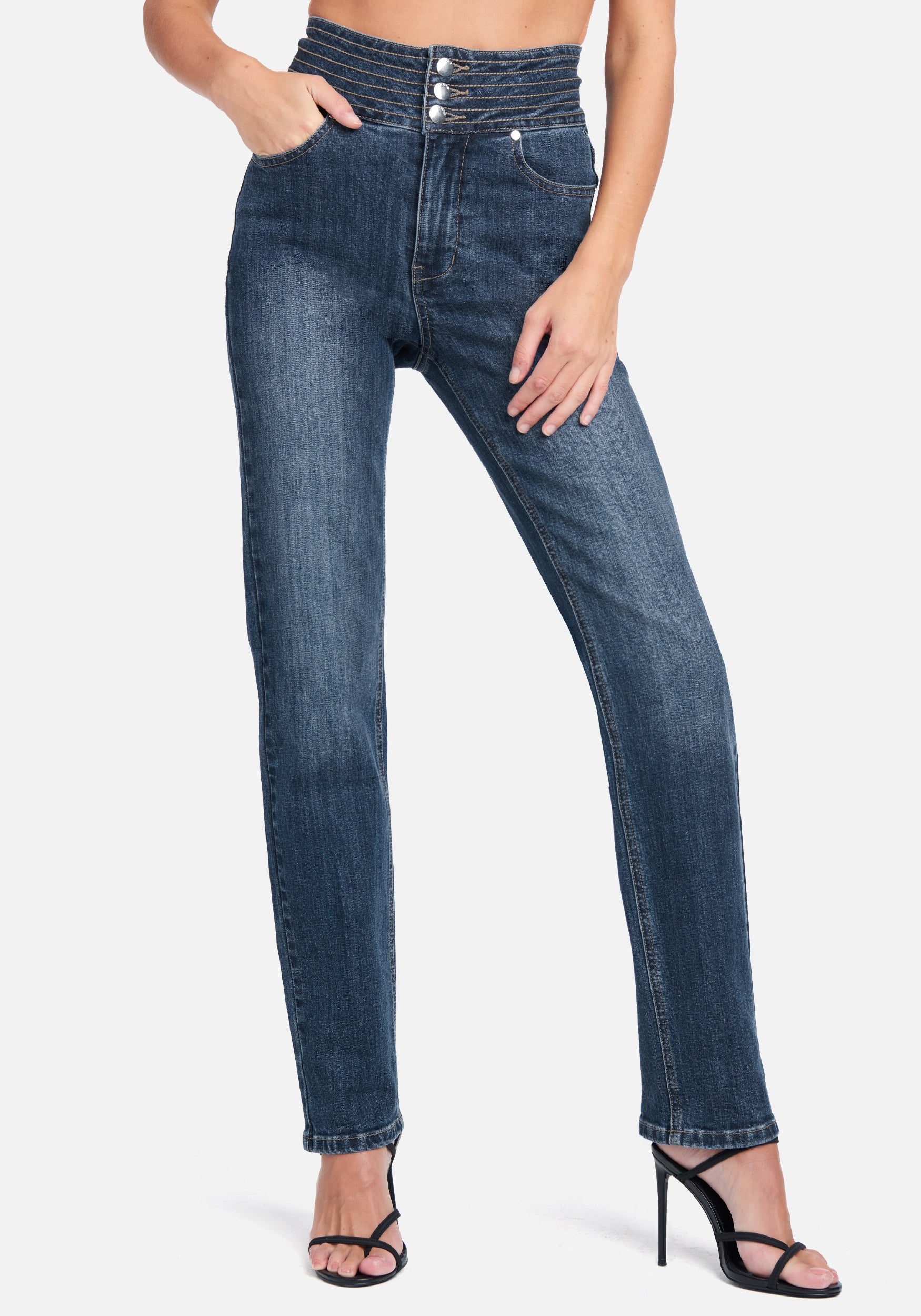 Sculpted High Waist Multi Stitch Straight Leg Jeans
