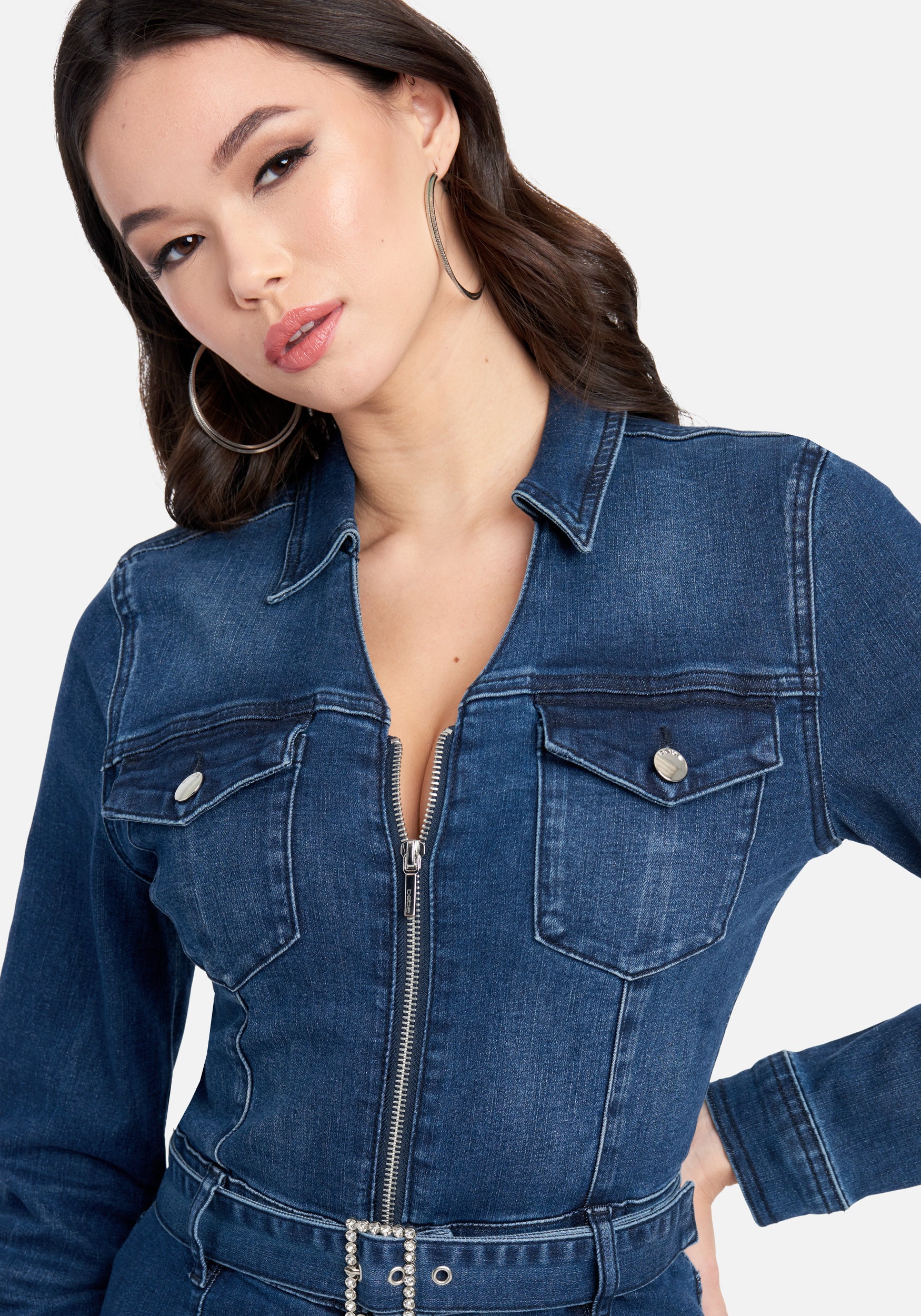 Rhinestone Belt Buckle Zip Front Denim Jumpsuit