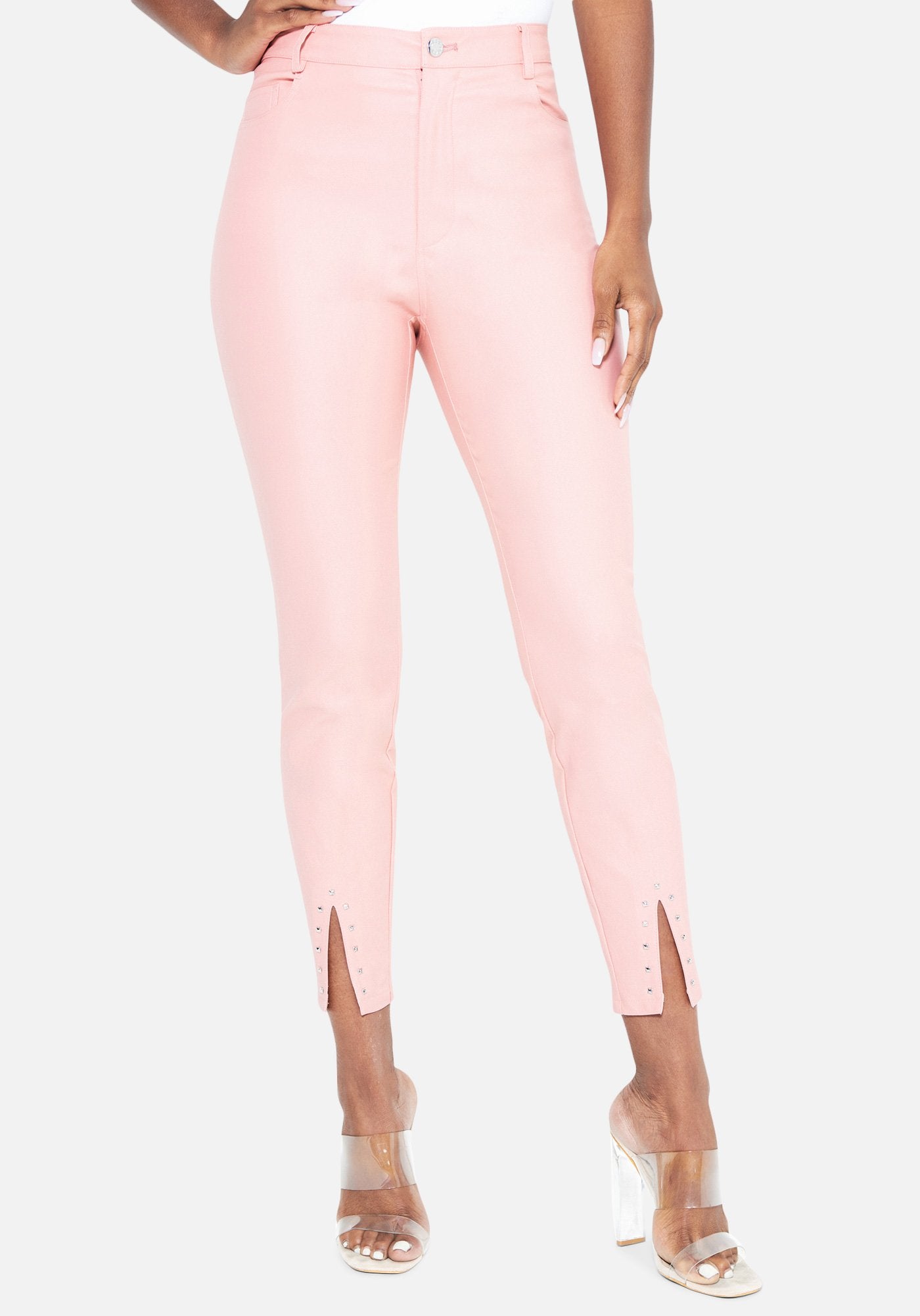 Stud Detail Slit Front Coated Pants