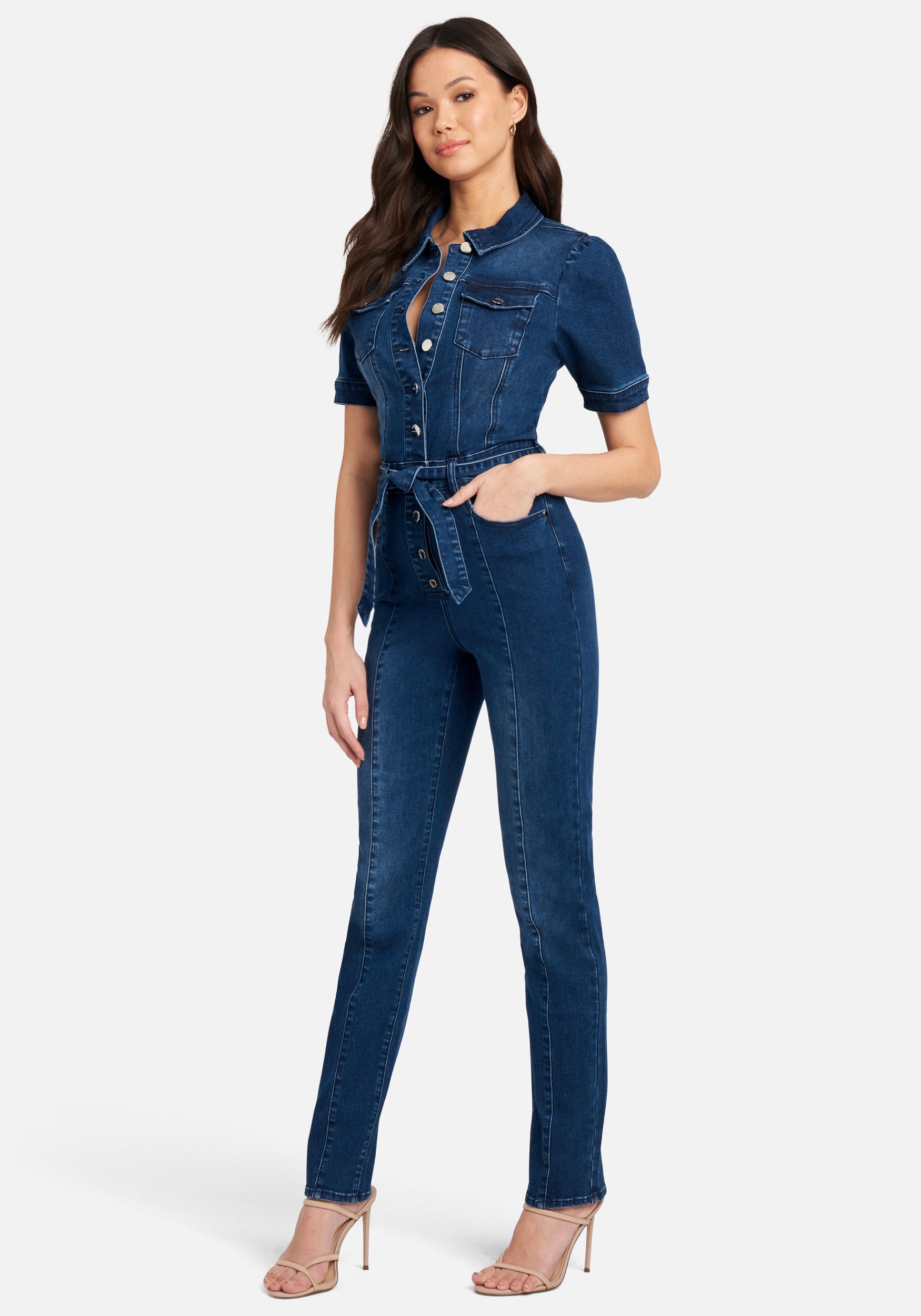 Button Front Slim Leg Denim Jumpsuit