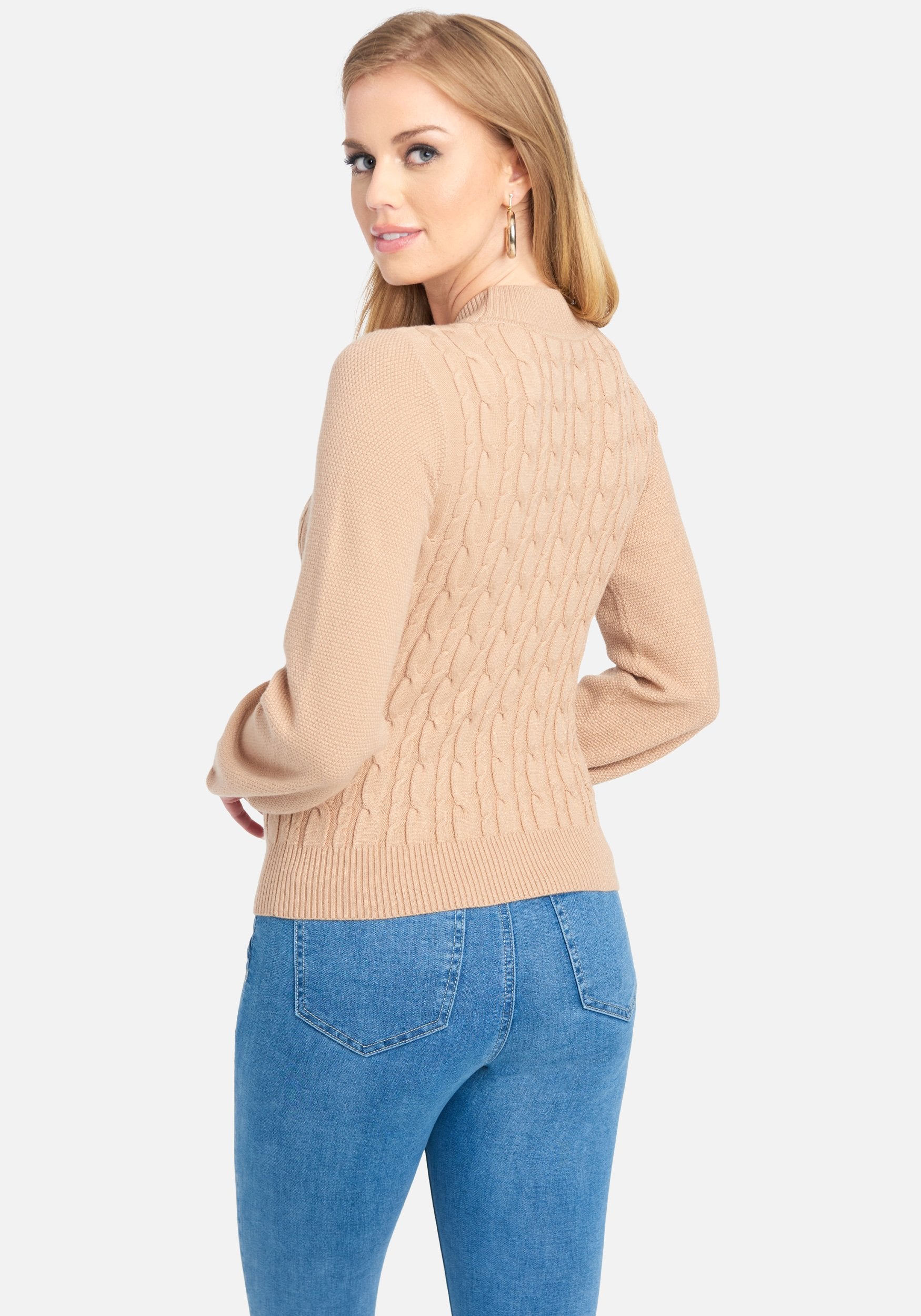 Chain Detail Mock Neck Cable Sweater