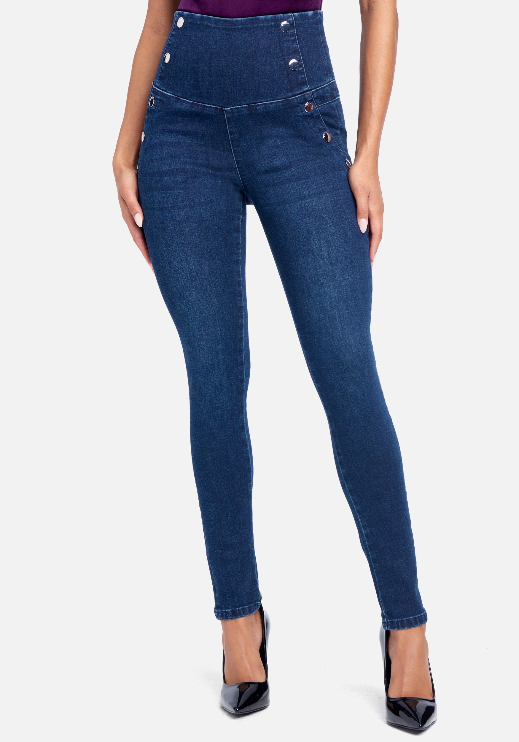High Waisted Button Detail Skinny Jeans