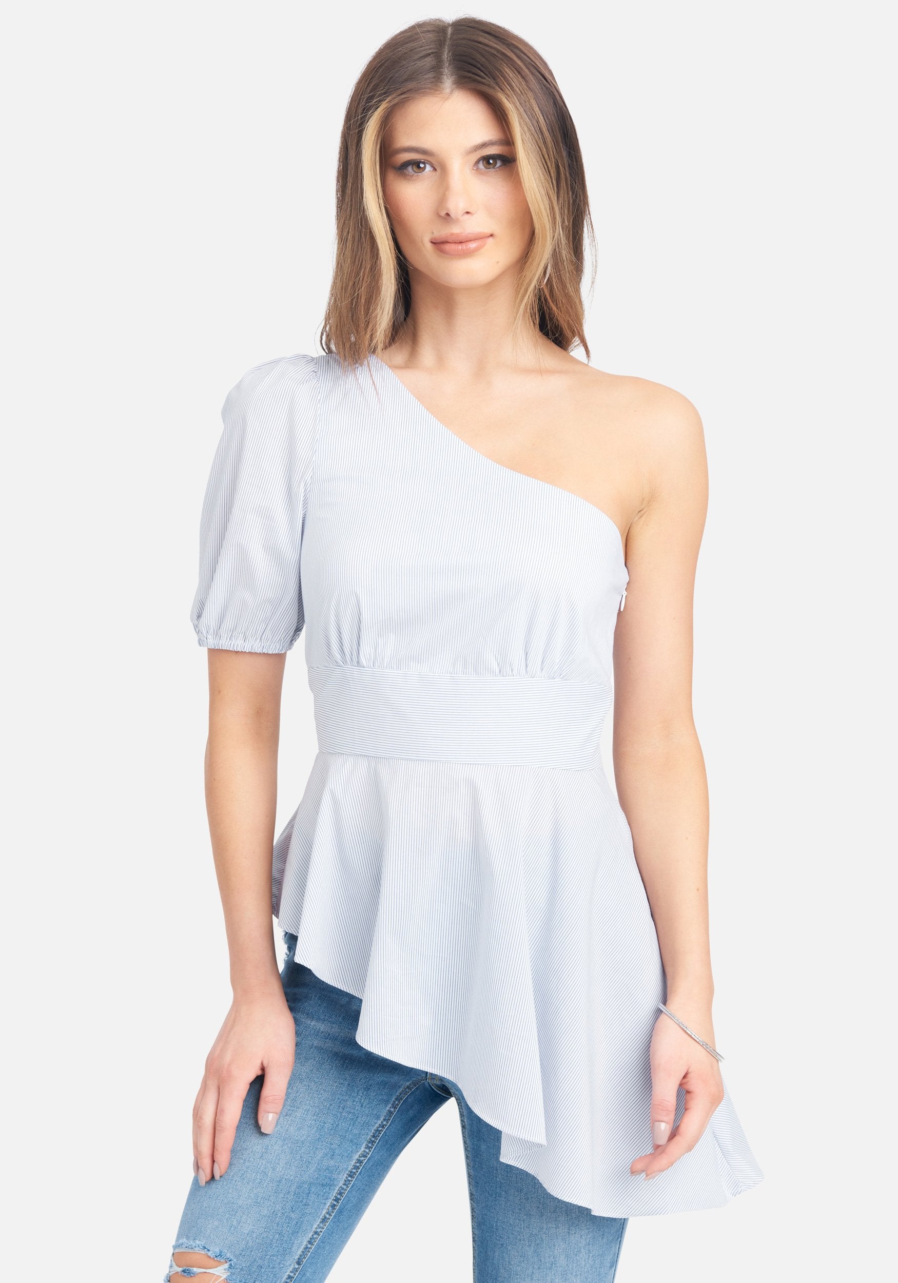 Striped One Shoulder Poplin Asymmetric Top